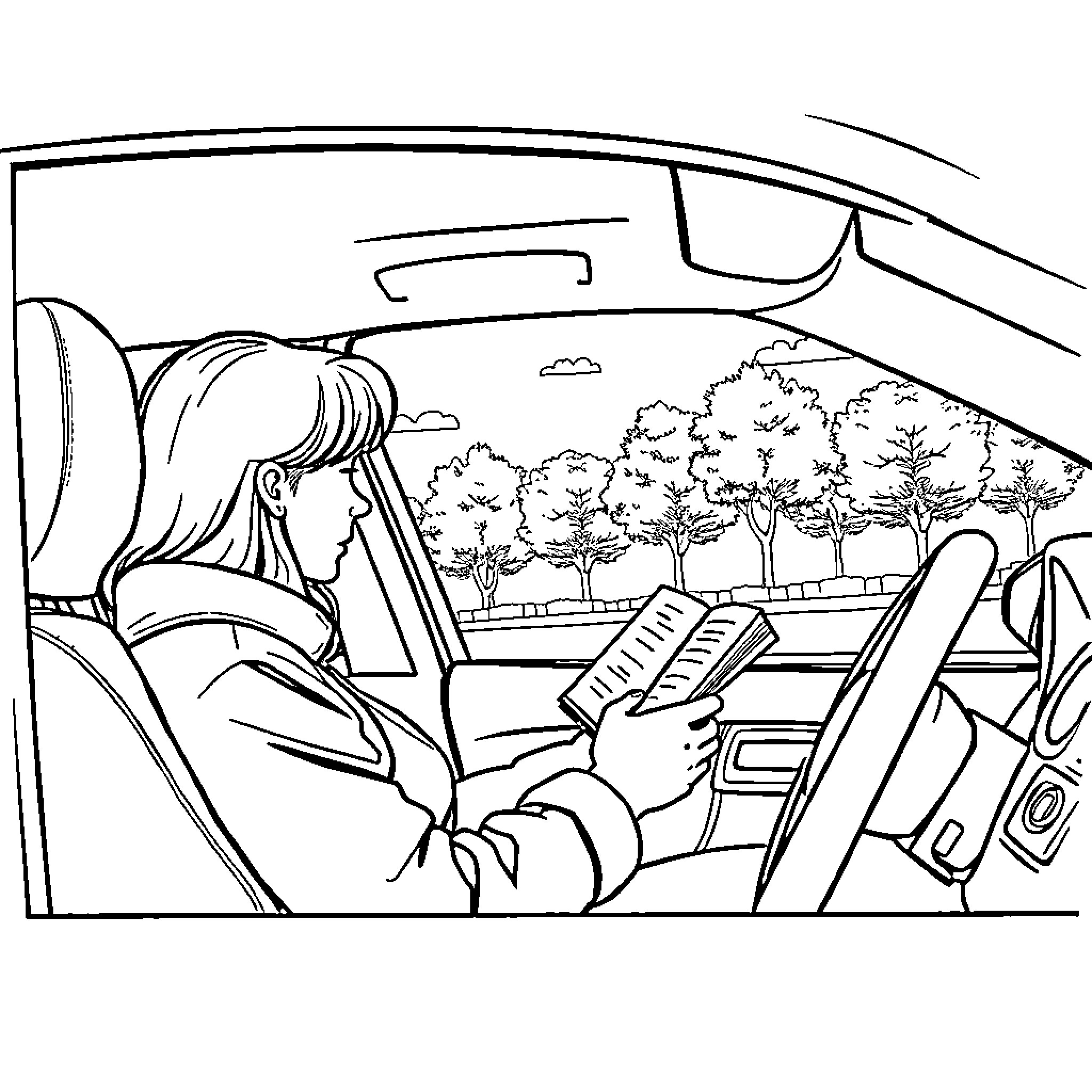 Persona reading book while driving through nature Coloring Page (free black-and-white line drawing printable PDF for all, from beginners to advanced learners, including children, teens, adults, and seniors)