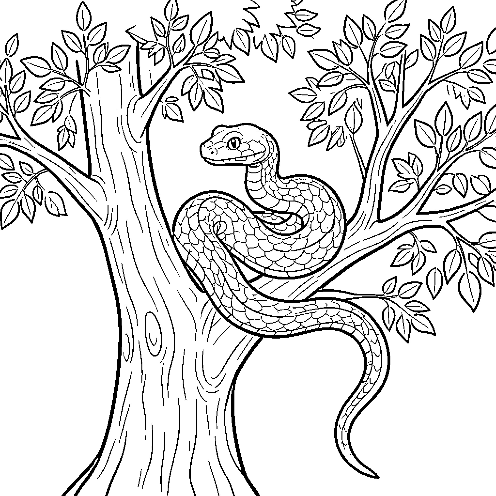 Serpent slithering among the trees Coloring Page (free black-and-white line drawing printable PDF for all, from beginners to advanced learners, including children, teens, adults, and seniors)