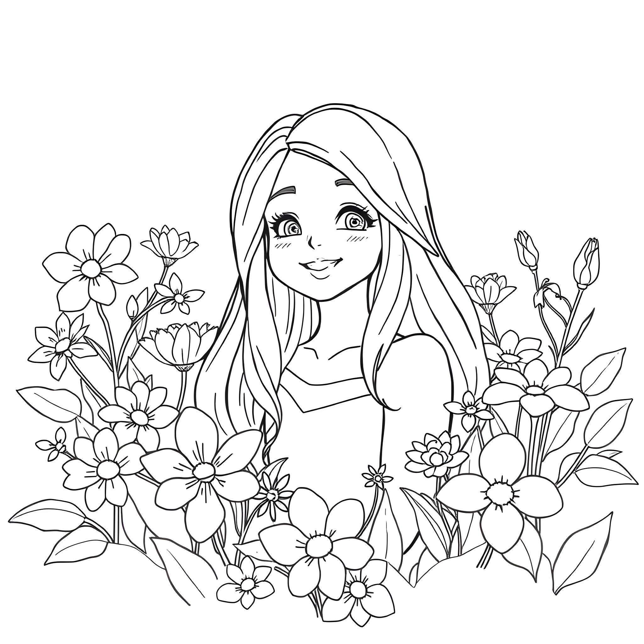 Jess amid the beautiful blooming flowers Coloring Page (free black-and-white line drawing printable PDF for all, from beginners to advanced learners, including children, teens, adults, and seniors)