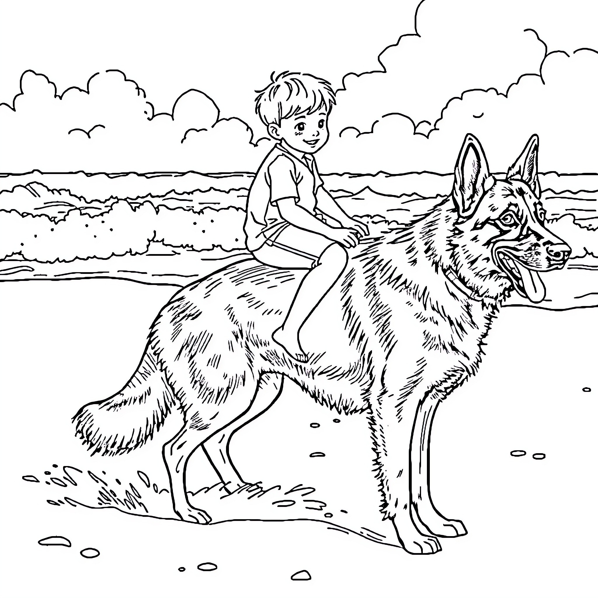 Boy riding on a friendly wolf by the beach Coloring Page (free black-and-white line drawing printable PDF for all, from beginners to advanced learners, including children, teens, adults, and seniors)