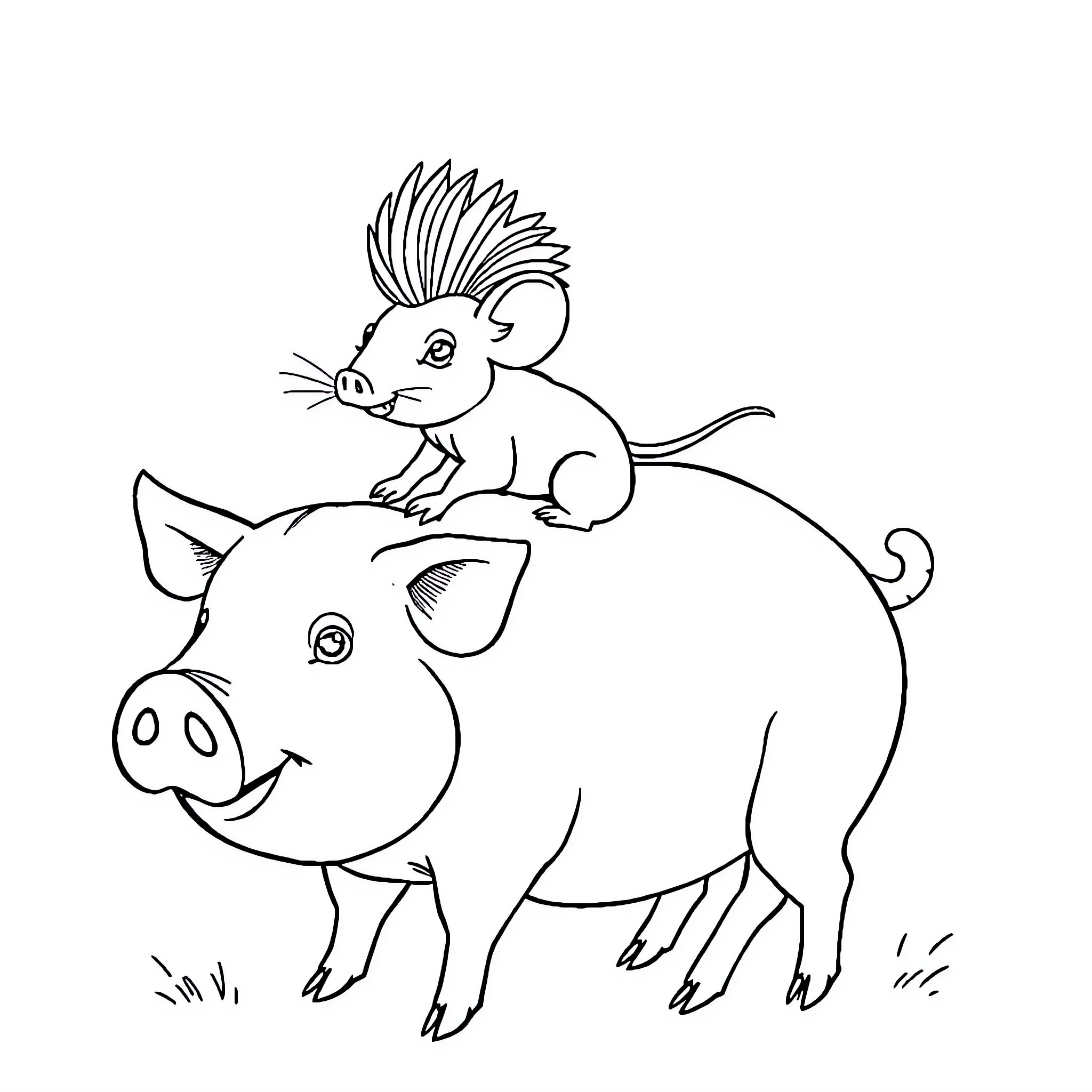 Rat riding playfully on a pig Coloring Page (free black-and-white line drawing printable PDF for all, from beginners to advanced learners, including children, teens, adults, and seniors)
