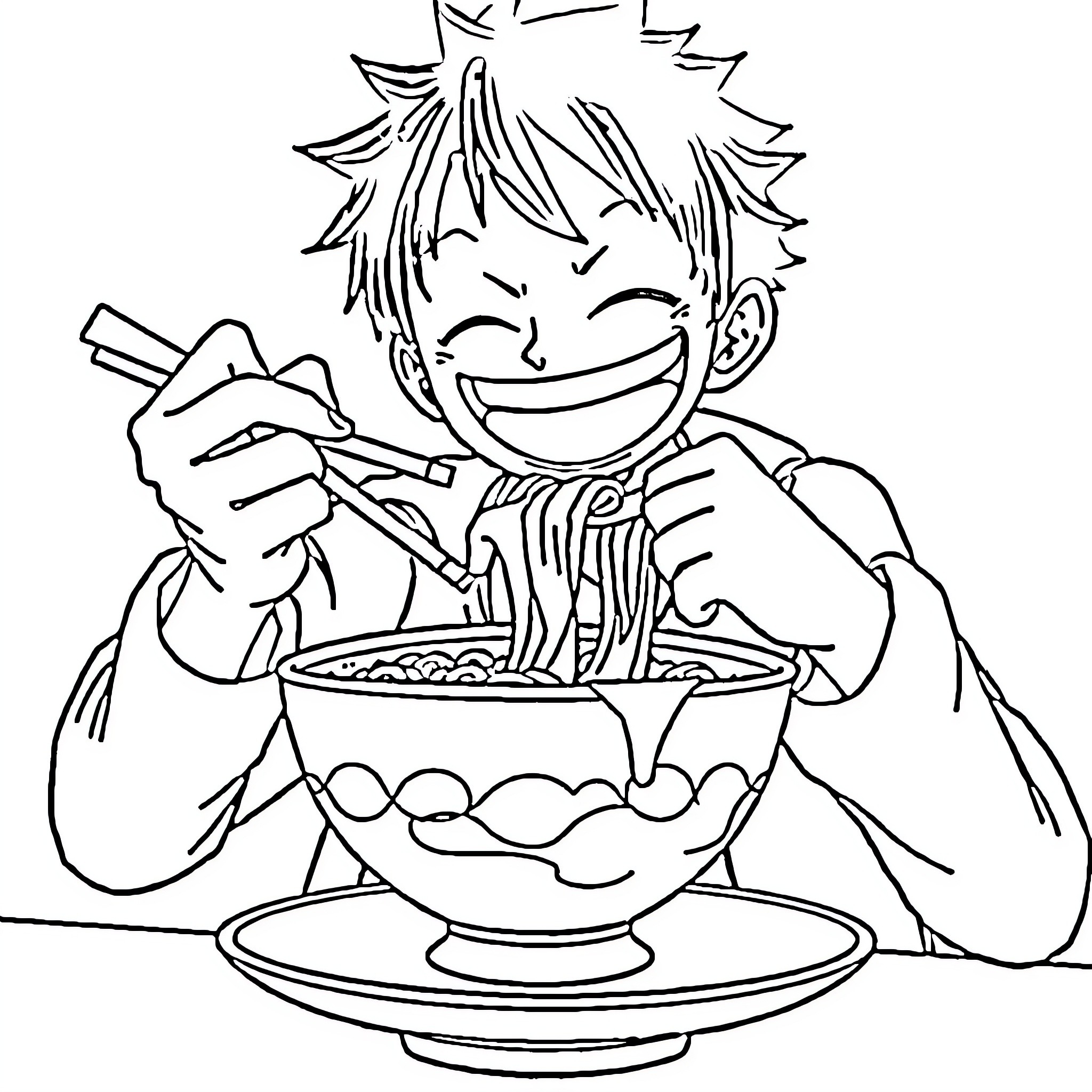 Luffy Enjoying a Delicious Meal Coloring Page (free black-and-white line drawing printable PDF for all, from beginners to advanced learners, including children, teens, adults, and seniors)