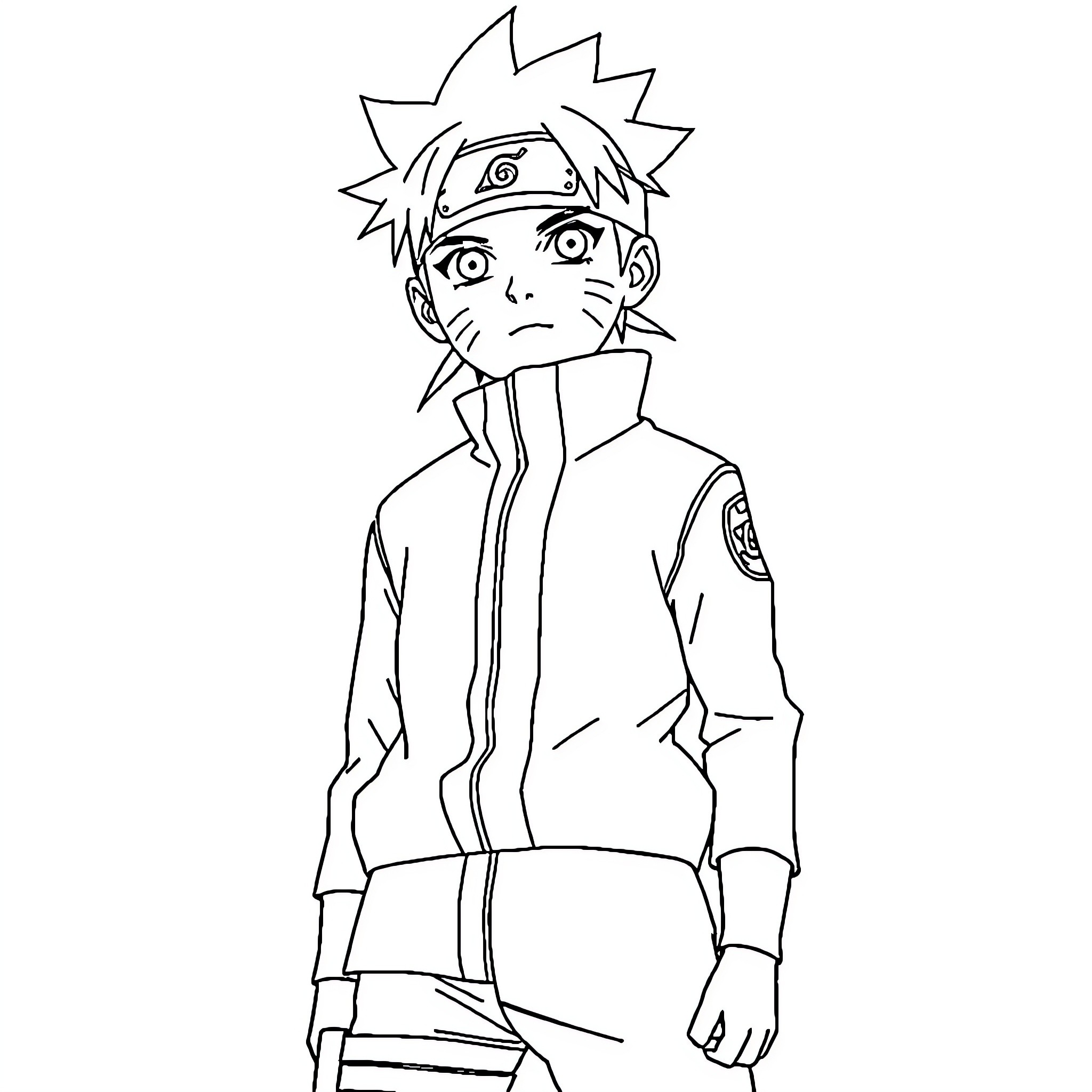 Naruto character in uniform with serious expression Coloring Page (free black-and-white line drawing printable PDF for all, from beginners to advanced learners, including children, teens, adults, and seniors)