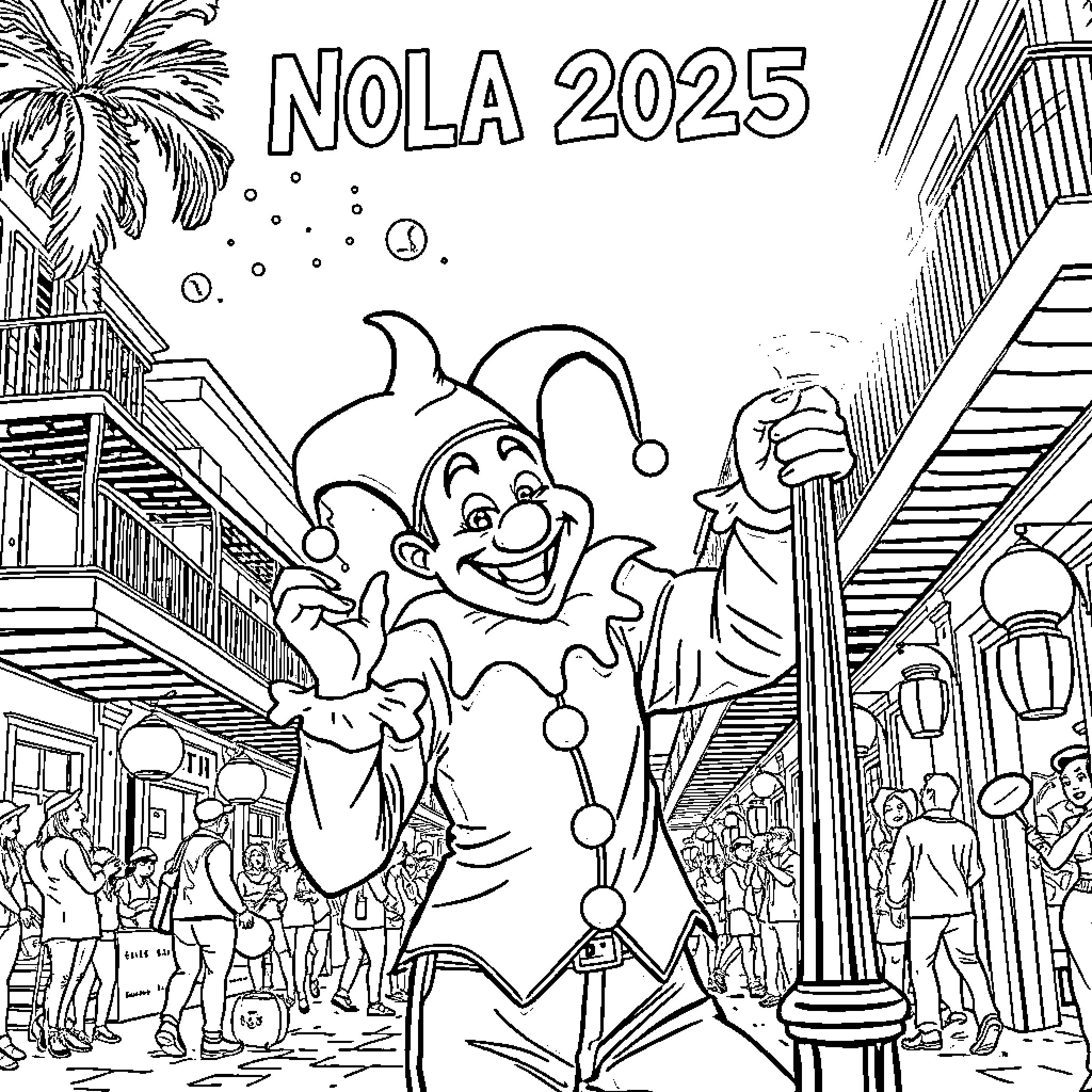 Jester celebrating Mardi Gras in New Orleans Coloring Page (free black-and-white line drawing printable PDF for all, from beginners to advanced learners, including children, teens, adults, and seniors)