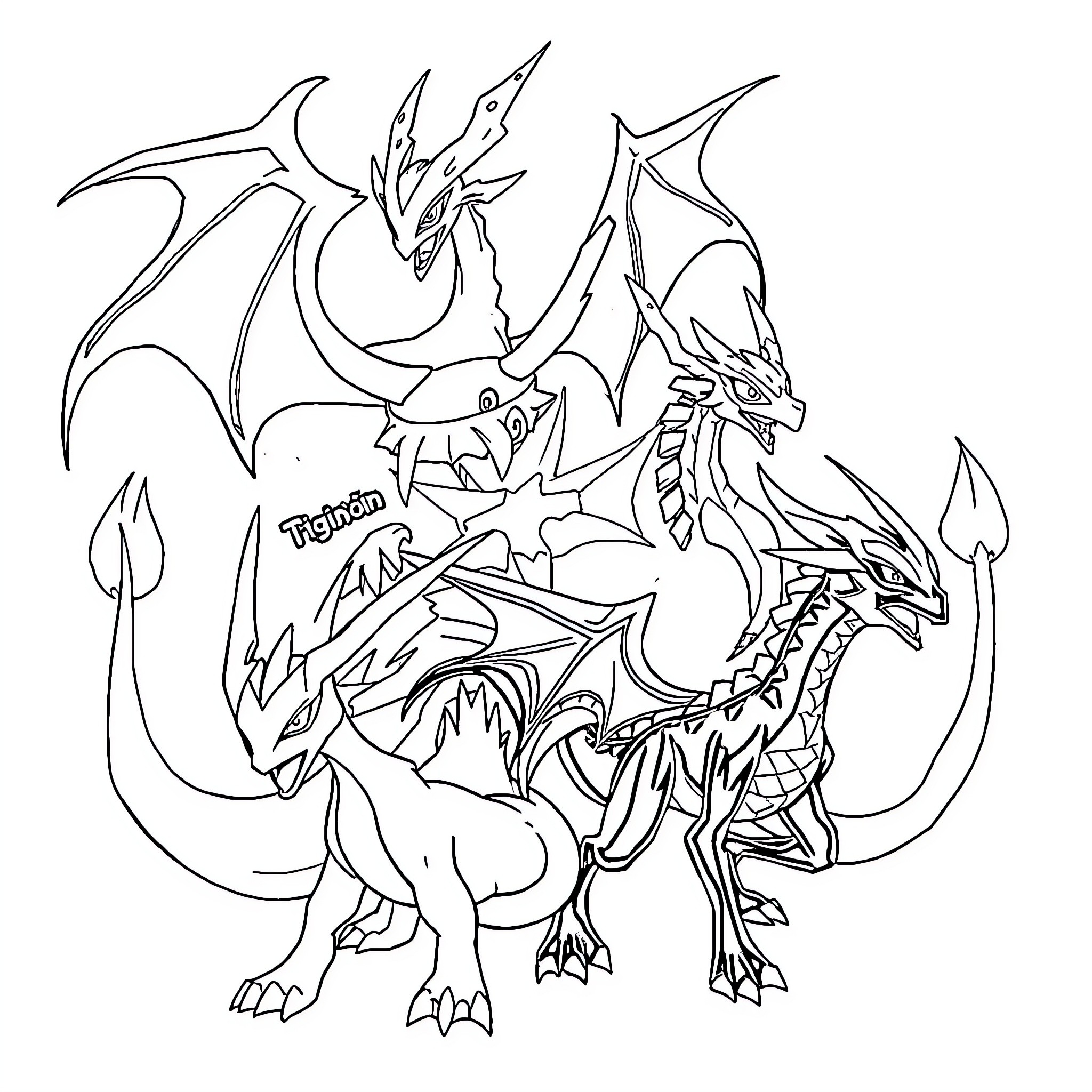 Digimon Dragons Battling in Epic Clash Coloring Page (free black-and-white line drawing printable PDF for all, from beginners to advanced learners, including children, teens, adults, and seniors)