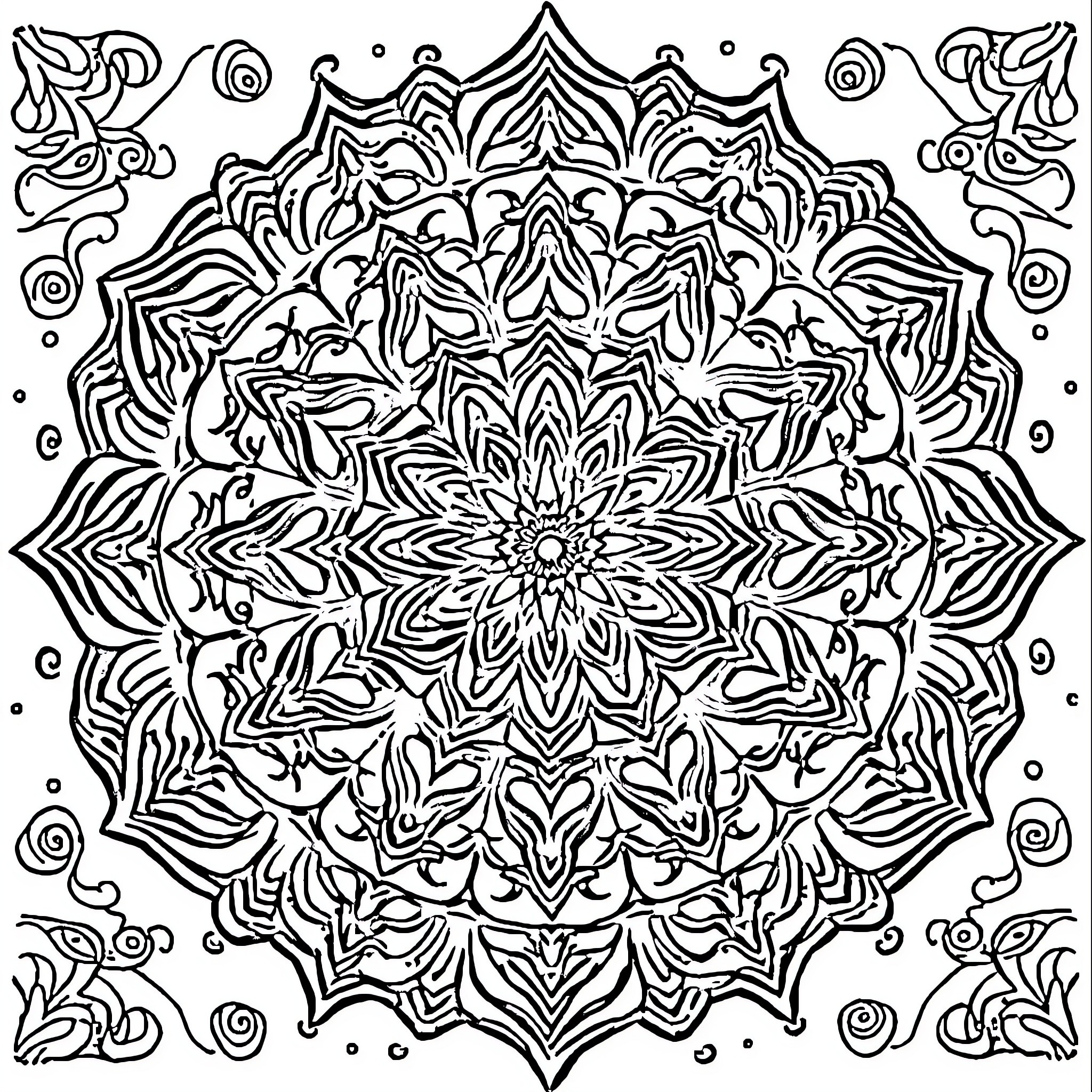 Mandala of intricate floral patterns and geometric designs Coloring Page (free black-and-white line drawing printable PDF for all, from beginners to advanced learners, including children, teens, adults, and seniors)