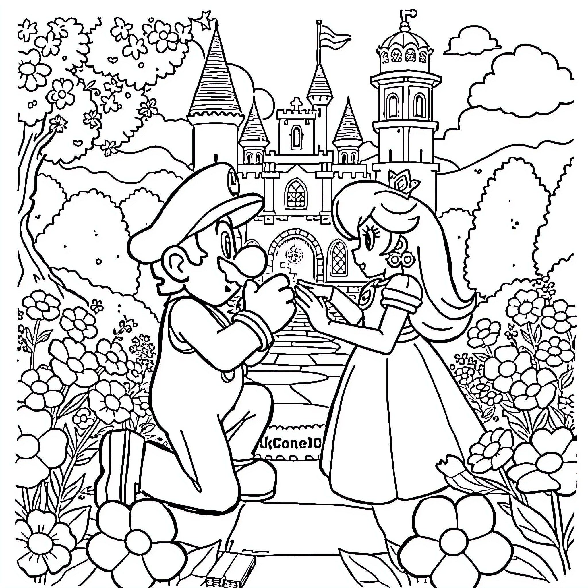 Super Mario rescuing Princess in the Enchanted Castle Coloring Page (free black-and-white line drawing printable PDF for all, from beginners to advanced learners, including children, teens, adults, and seniors)
