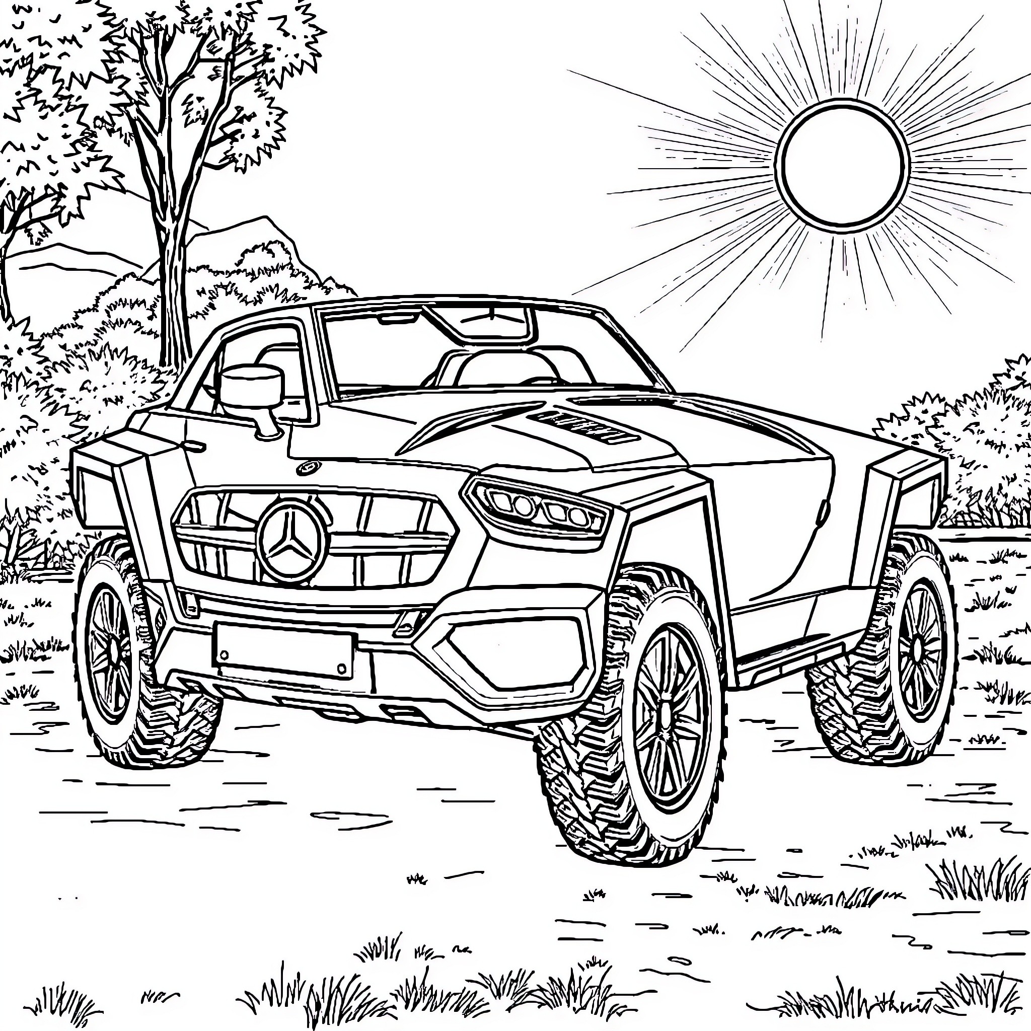 Mercedes-Benz Rugged Pickup Truck in Outdoor Adventure Coloring Page (free black-and-white line drawing printable PDF for all, from beginners to advanced learners, including children, teens, adults, and seniors)