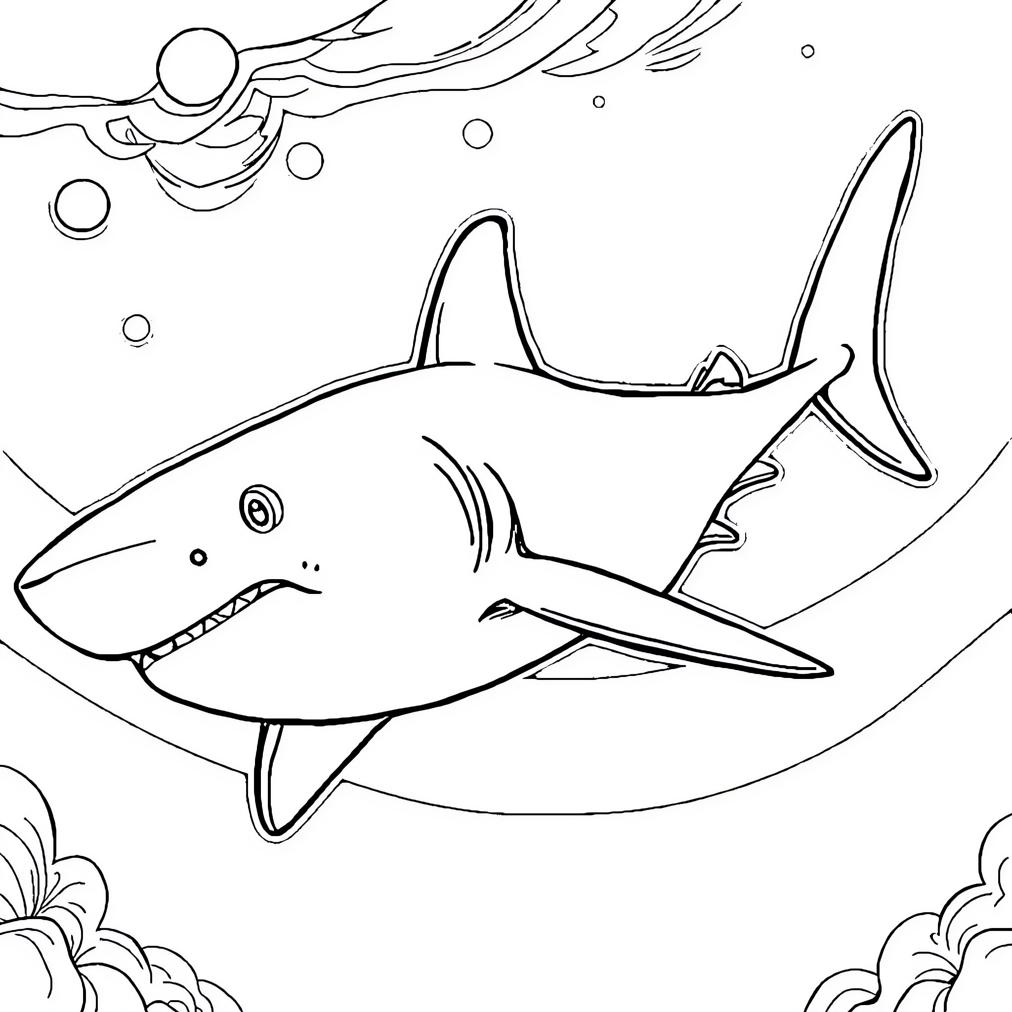 Shark swimming in the ocean Coloring Page (free black-and-white line drawing printable PDF for all, from beginners to advanced learners, including children, teens, adults, and seniors)