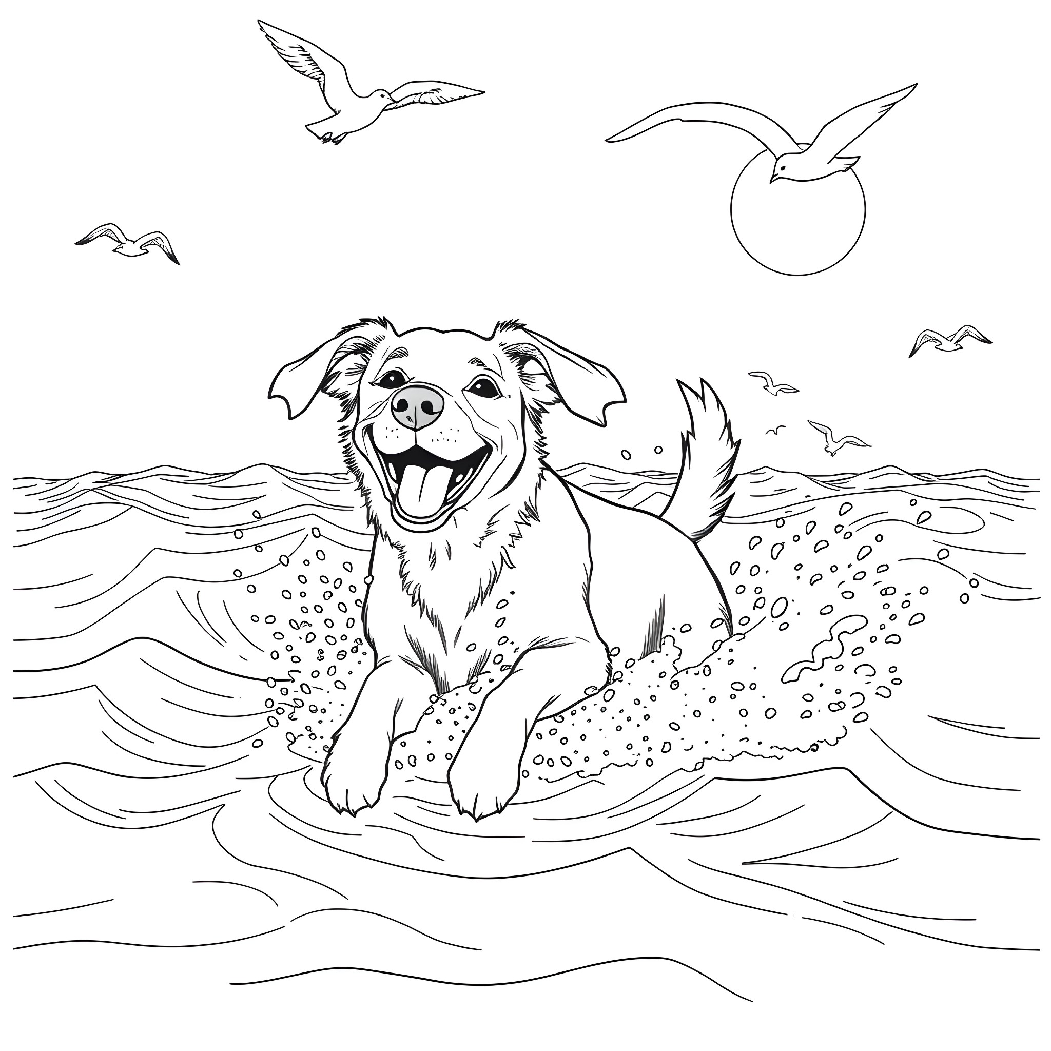 Dog frolicking happily by the beach Coloring Page (free black-and-white line drawing printable PDF for all, from beginners to advanced learners, including children, teens, adults, and seniors)