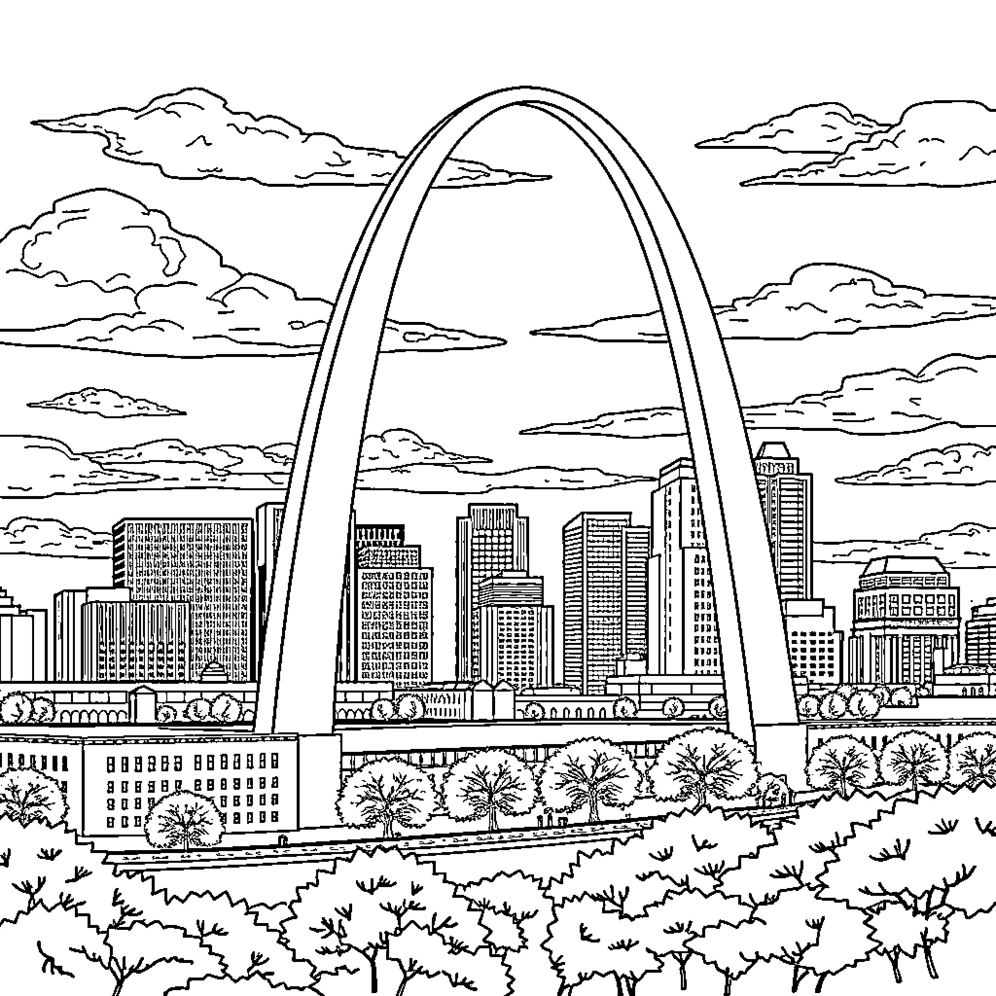 St. Louis cityscape with iconic Gateway Arch Coloring Page (free black-and-white line drawing printable PDF for all, from beginners to advanced learners, including children, teens, adults, and seniors)