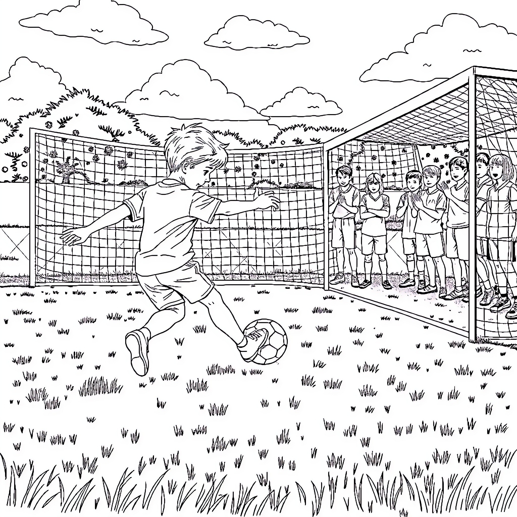 Boy playing soccer on a field with teammates Coloring Page (free black-and-white line drawing printable PDF for all, from beginners to advanced learners, including children, teens, adults, and seniors)