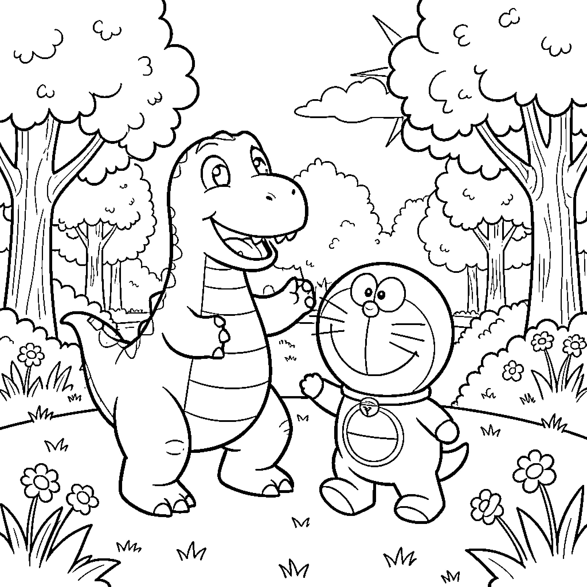 Dinosaur friends playing in the forest Coloring Page (free black-and-white line drawing printable PDF for all, from beginners to advanced learners, including children, teens, adults, and seniors)