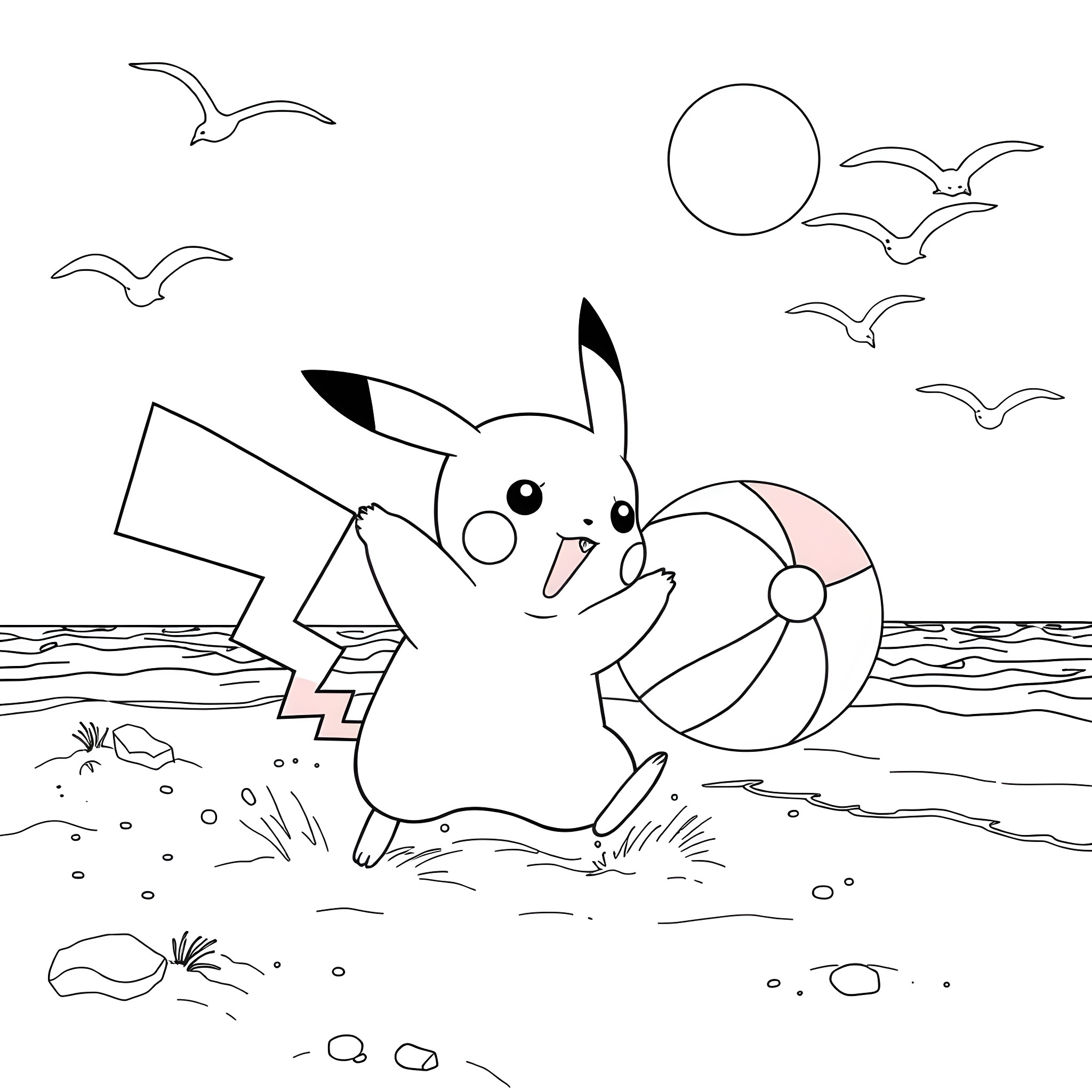 Pikachu playing with beach ball by the ocean Coloring Page (free black-and-white line drawing printable PDF for all, from beginners to advanced learners, including children, teens, adults, and seniors)
