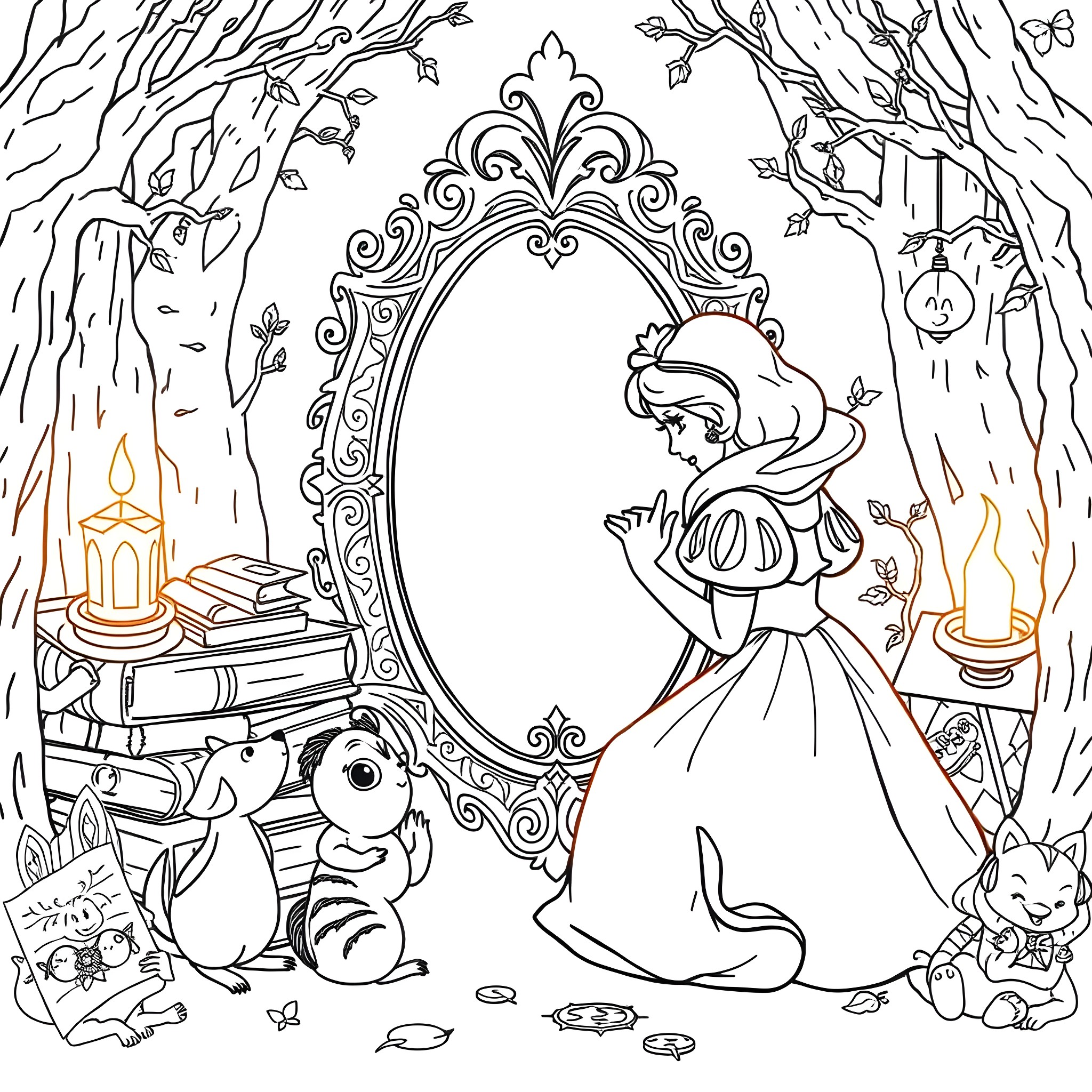 Magic Mirror: Princess gazing at herself in enchanted forest Coloring Page (free black-and-white line drawing printable PDF for all, from beginners to advanced learners, including children, teens, adults, and seniors)