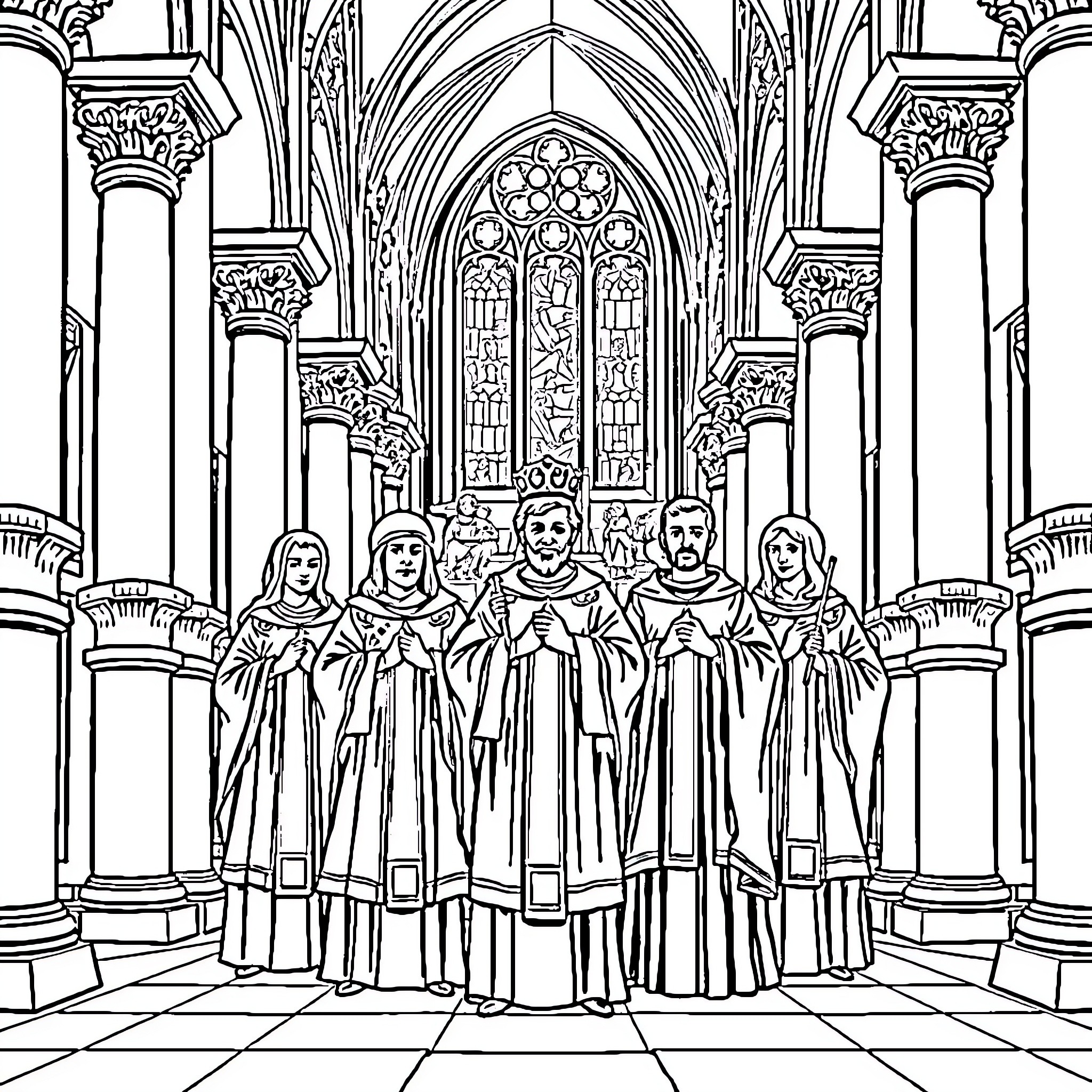 Saint Choir Performing in Ornate Cathedral Coloring Page (free black-and-white line drawing printable PDF for all, from beginners to advanced learners, including children, teens, adults, and seniors)