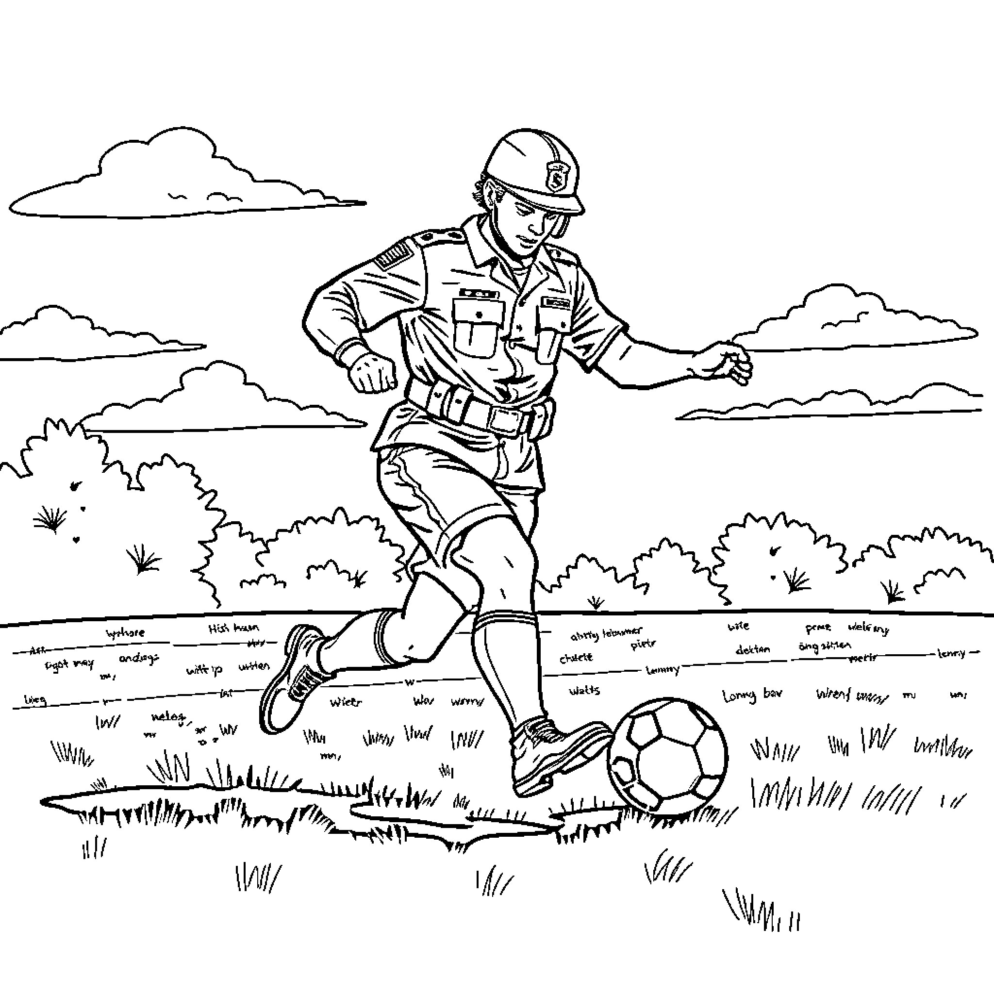 Army Man Playing Football in the Field Coloring Page (free black-and-white line drawing printable PDF for all, from beginners to advanced learners, including children, teens, adults, and seniors)