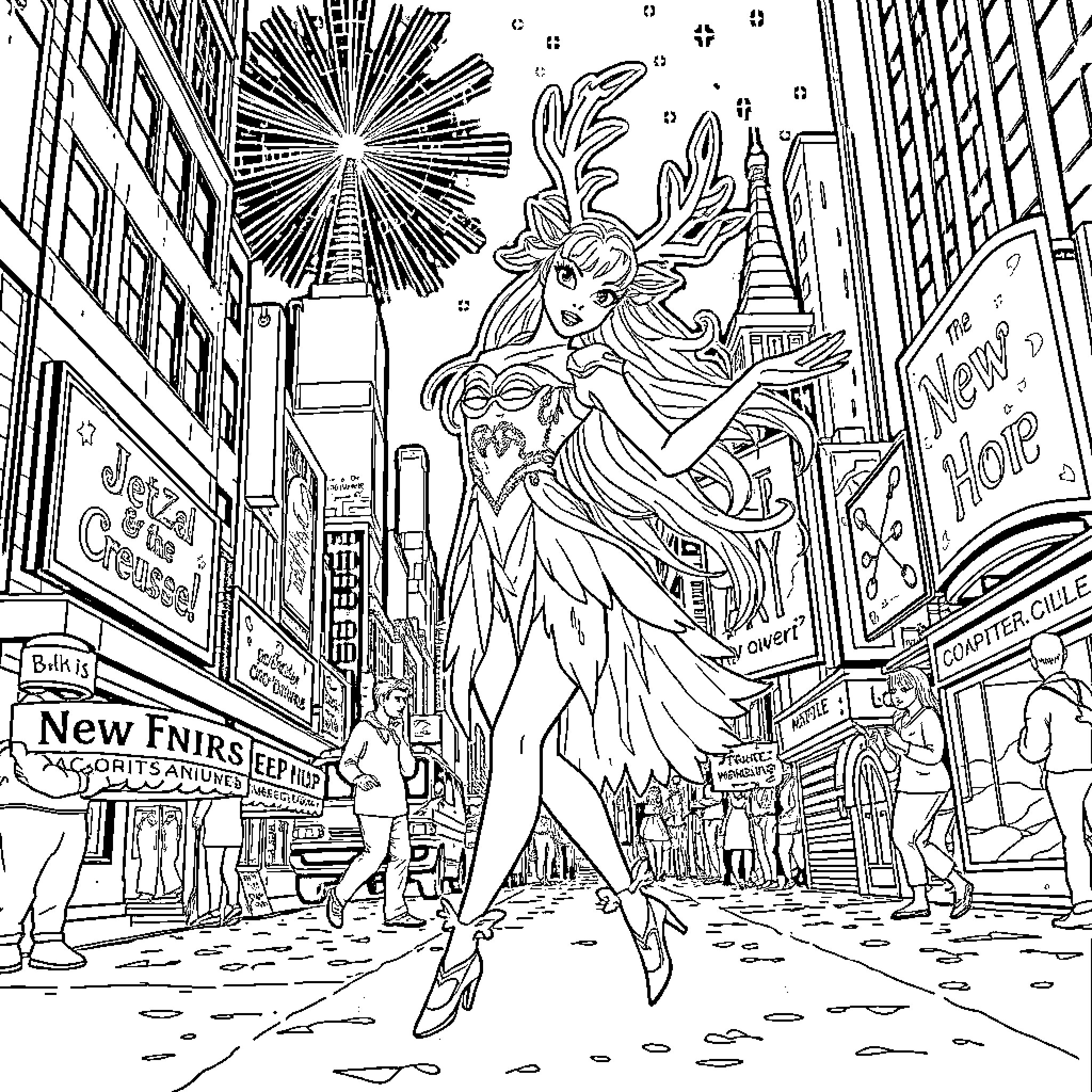 Queen's Joyous Celebration in the Dazzling City Coloring Page (free black-and-white line drawing printable PDF for all, from beginners to advanced learners, including children, teens, adults, and seniors)