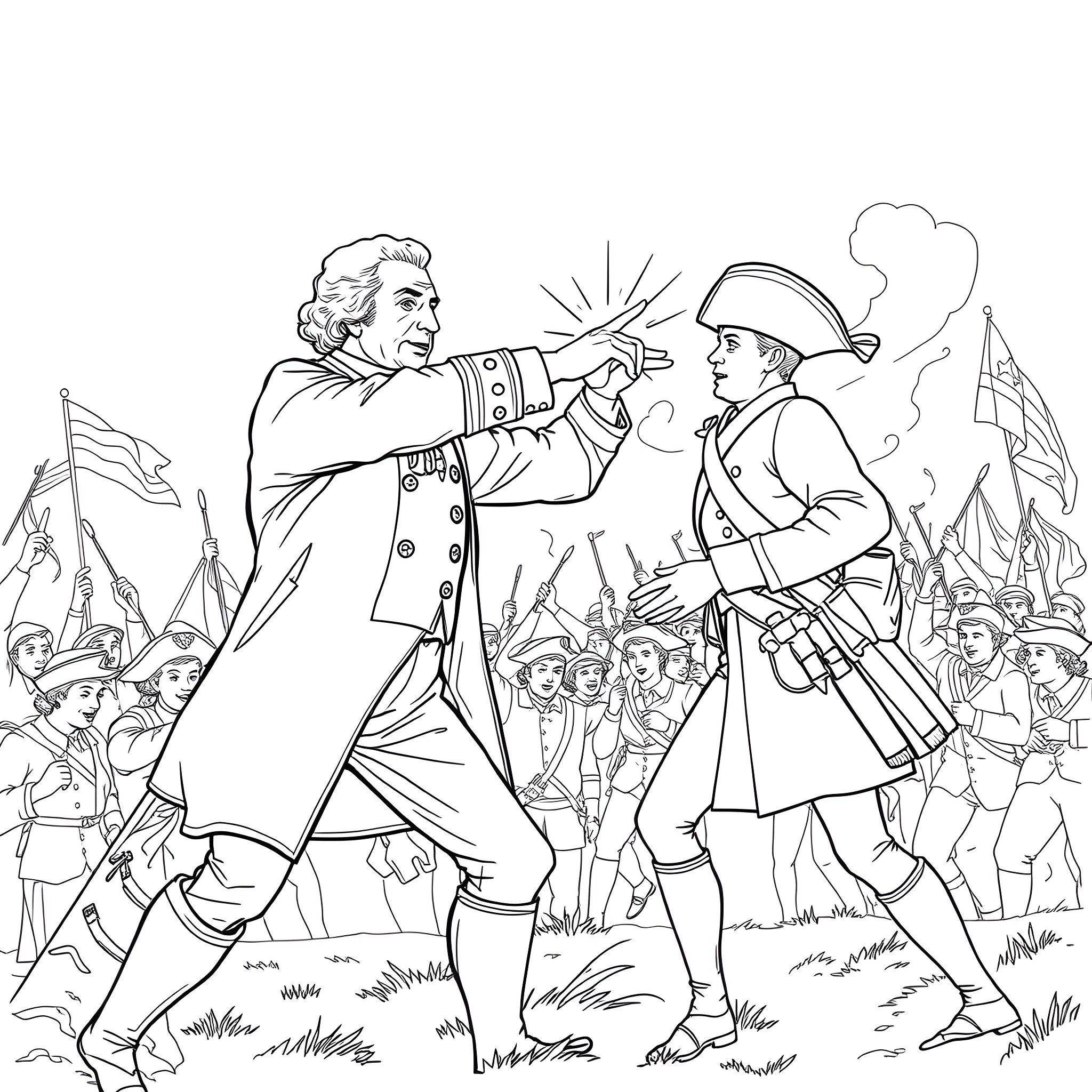 George Washington Commanding Revolutionary Soldiers Coloring Page (free black-and-white line drawing printable PDF for all, from beginners to advanced learners, including children, teens, adults, and seniors)