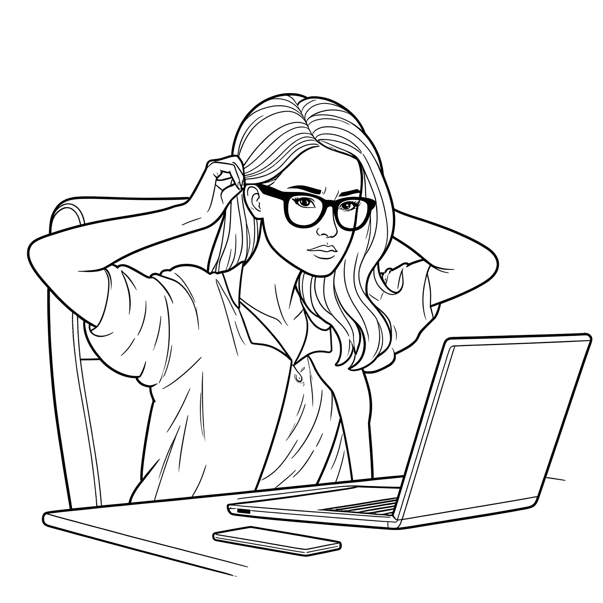 Woman using laptop with frustrated expression Coloring Page (free black-and-white line drawing printable PDF for all, from beginners to advanced learners, including children, teens, adults, and seniors)