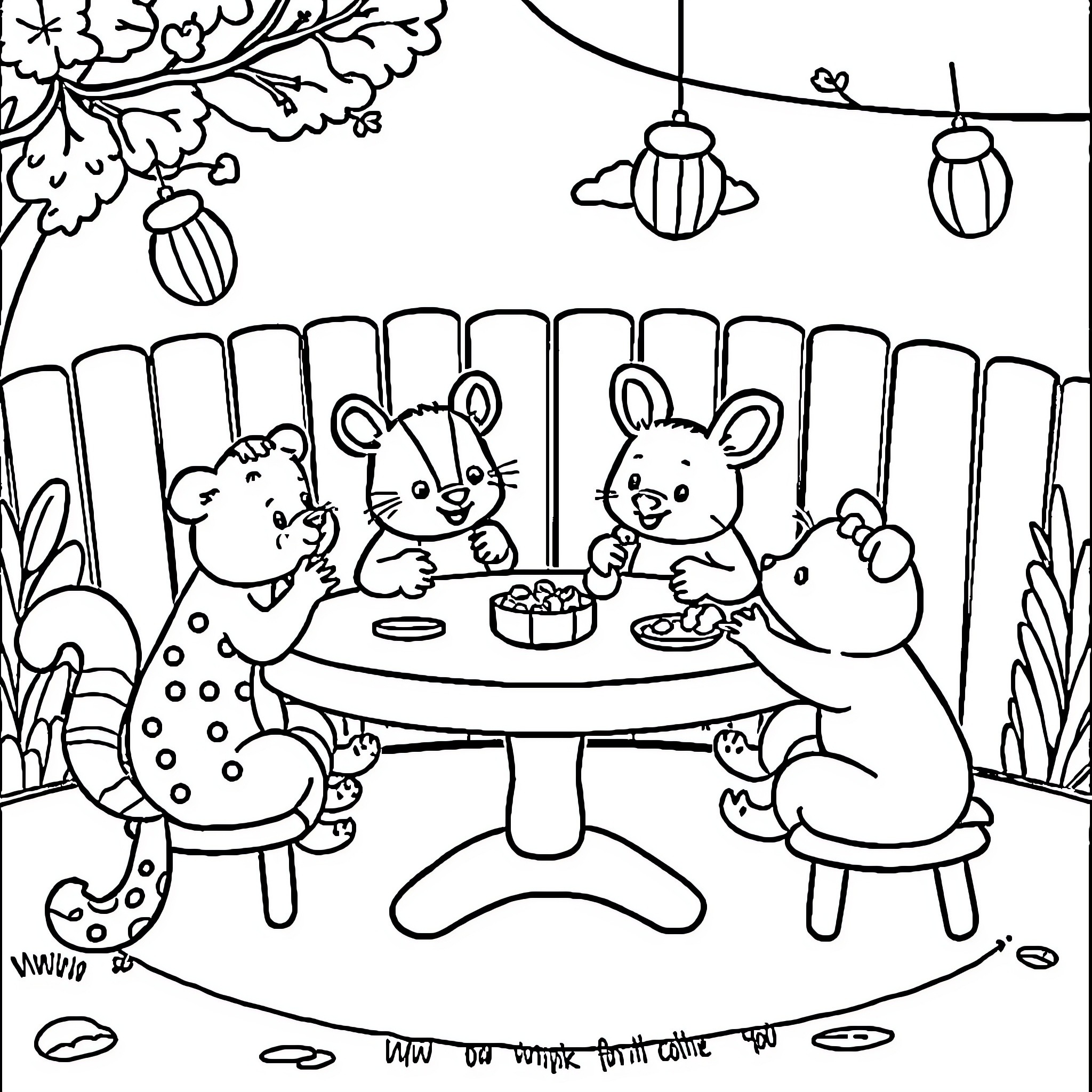 Animal friends having a picnic party Coloring Page (free black-and-white line drawing printable PDF for all, from beginners to advanced learners, including children, teens, adults, and seniors)