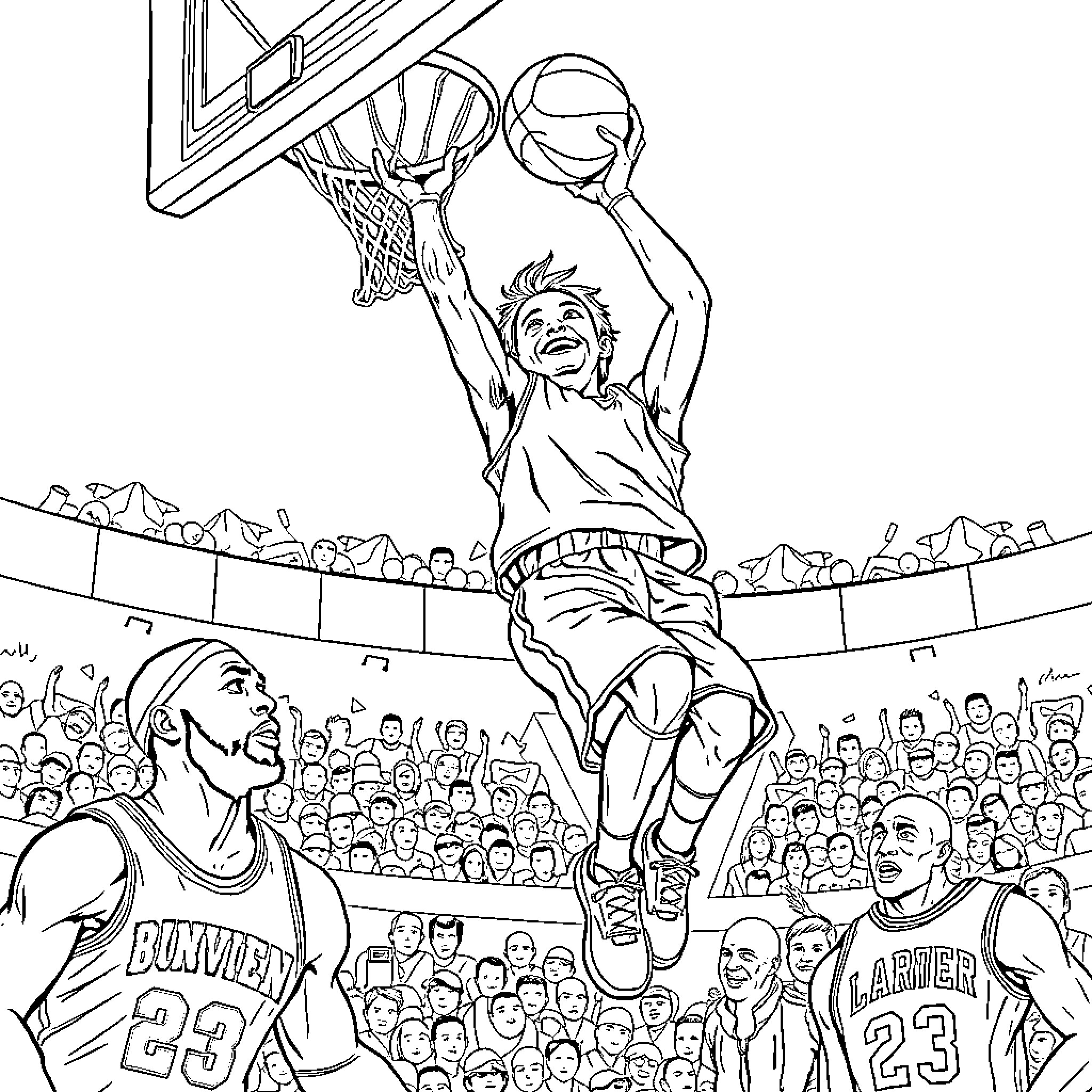 Kid dunking basketball in an arena Coloring Page (free black-and-white line drawing printable PDF for all, from beginners to advanced learners, including children, teens, adults, and seniors)