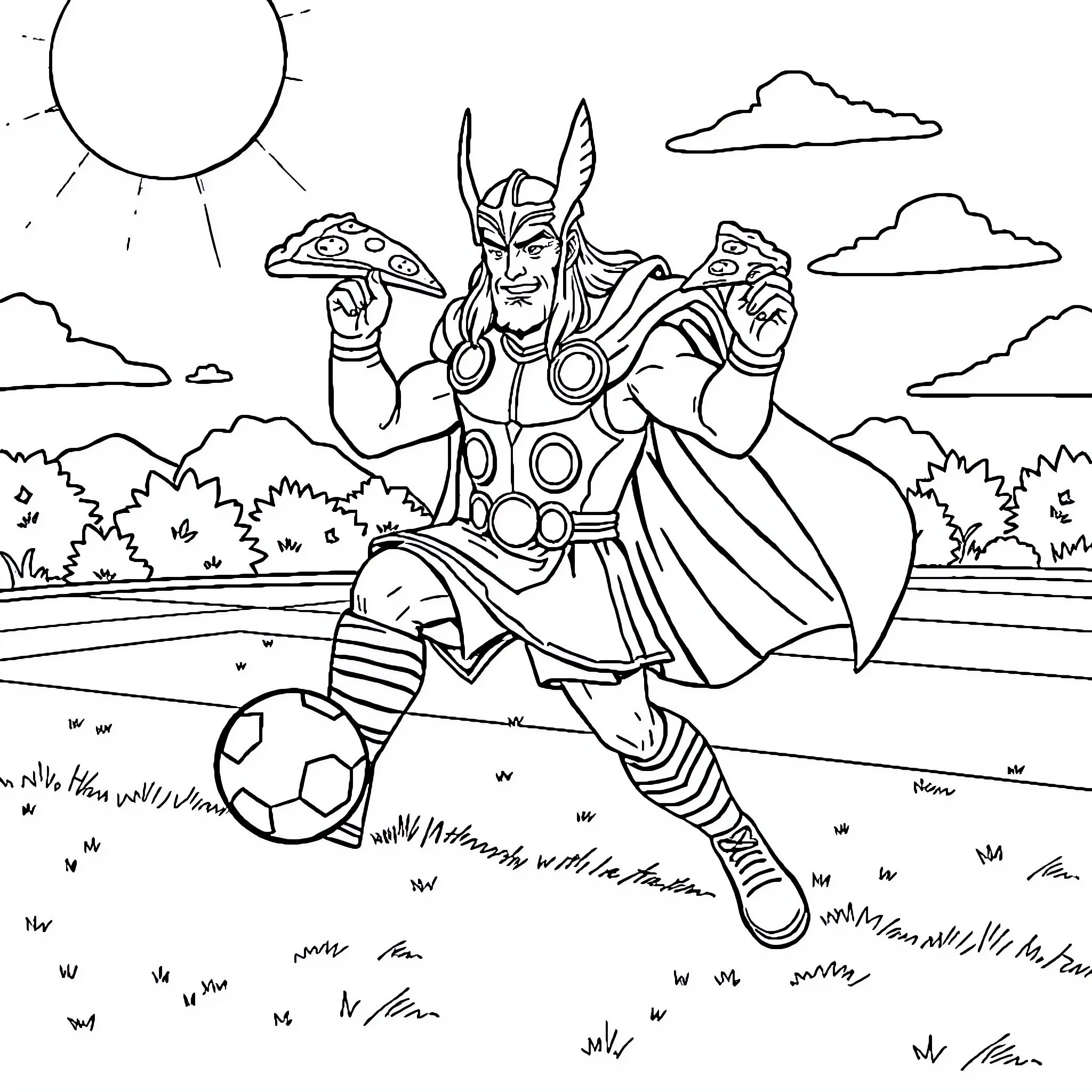 Thor in Action Wielding Mighty Hammer Coloring Page (free black-and-white line drawing printable PDF for all, from beginners to advanced learners, including children, teens, adults, and seniors)