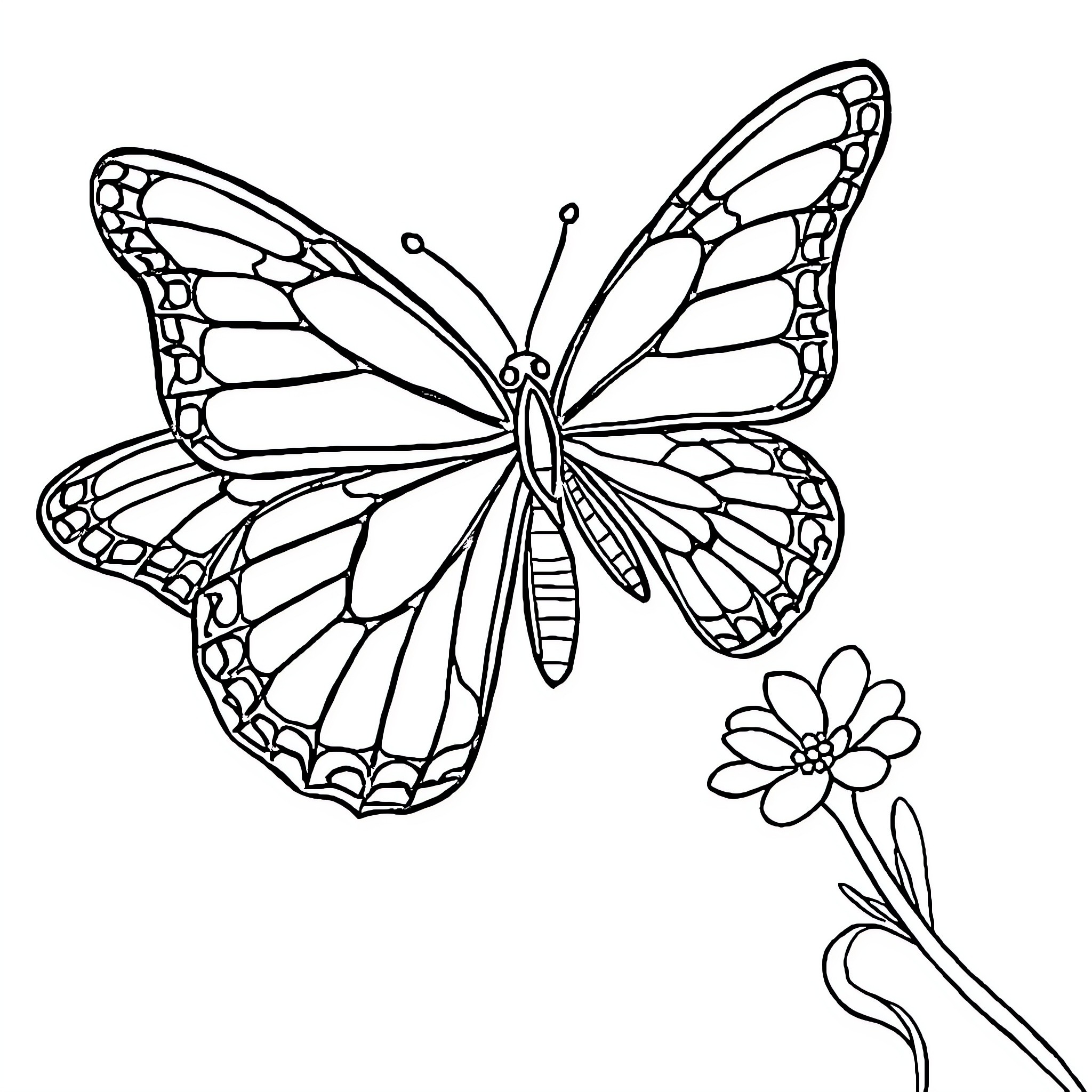 Butterfly in flight with flower Coloring Page (free black-and-white line drawing printable PDF for all, from beginners to advanced learners, including children, teens, adults, and seniors)