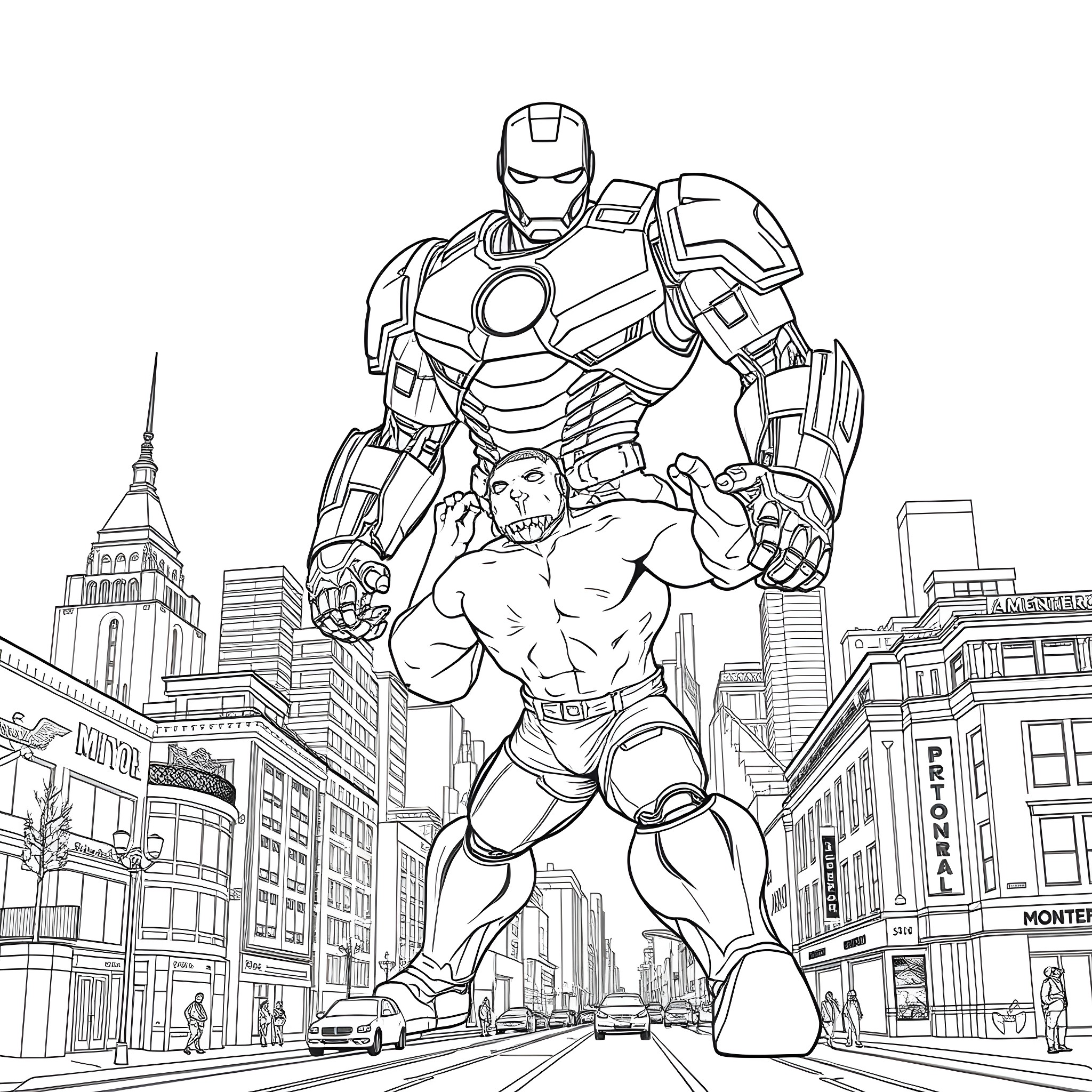 Ironman triumphantly stands tall in the city skyline Coloring Page (free black-and-white line drawing printable PDF for all, from beginners to advanced learners, including children, teens, adults, and seniors)