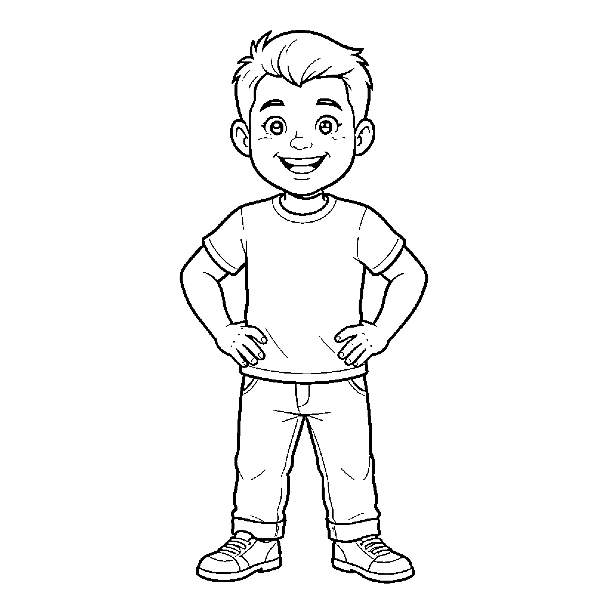 Foltyn smiling happily with hands on hips Coloring Page (free black-and-white line drawing printable PDF for all, from beginners to advanced learners, including children, teens, adults, and seniors)
