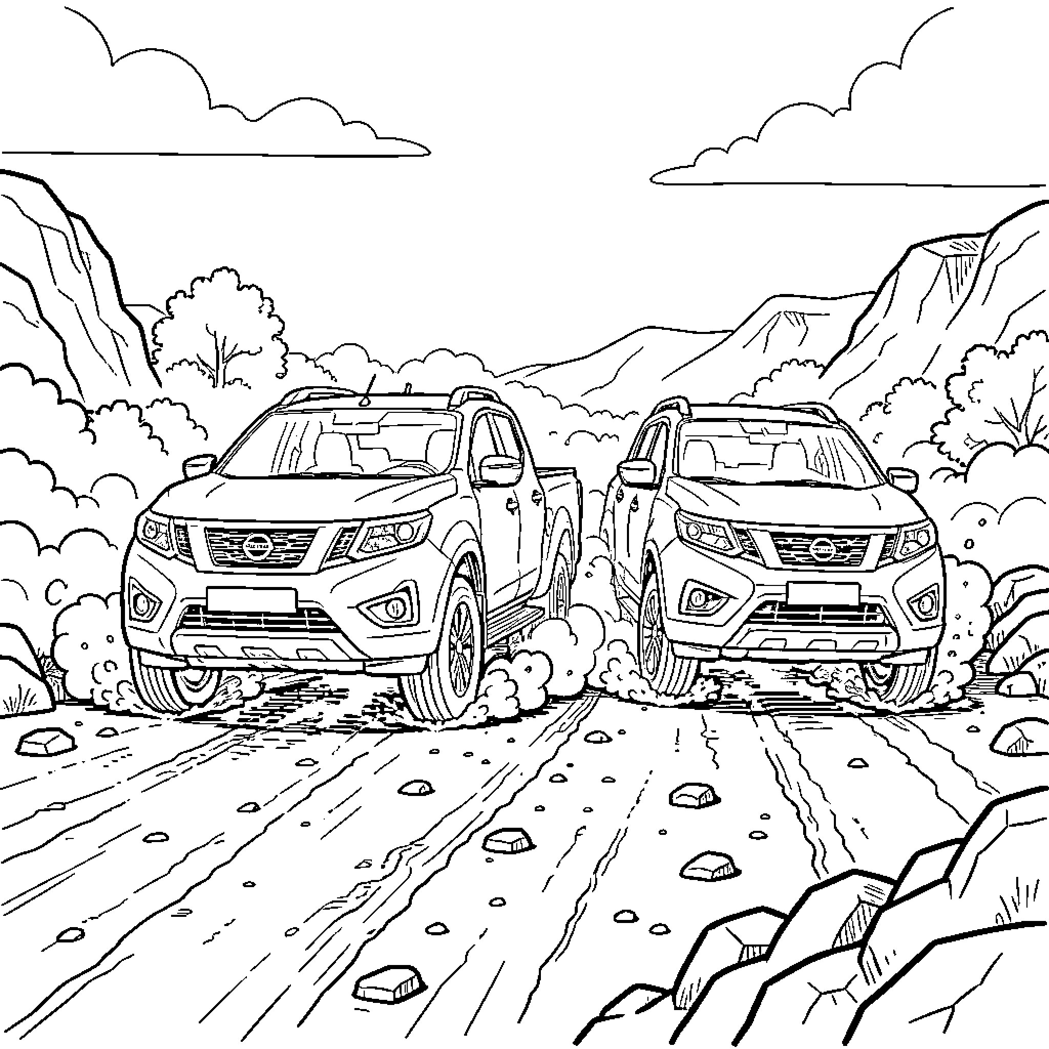Nissan Crossover Vehicles in Rugged Outdoor Terrain Coloring Page (free black-and-white line drawing printable PDF for all, from beginners to advanced learners, including children, teens, adults, and seniors)