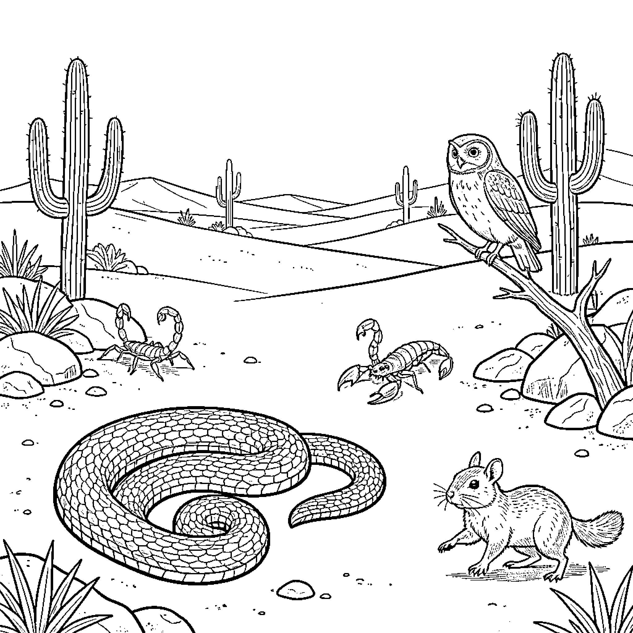 Desert wildlife including an owl, snake, and scorpions Coloring Page (free black-and-white line drawing printable PDF for all, from beginners to advanced learners, including children, teens, adults, and seniors)