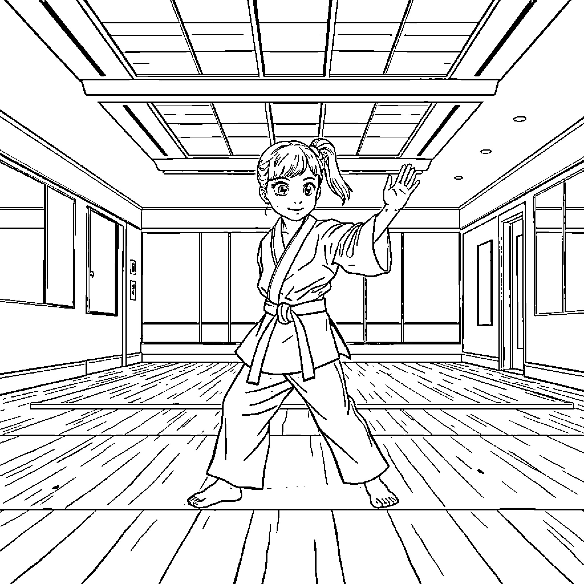 Girl practicing martial arts in dojo Coloring Page (free black-and-white line drawing printable PDF for all, from beginners to advanced learners, including children, teens, adults, and seniors)