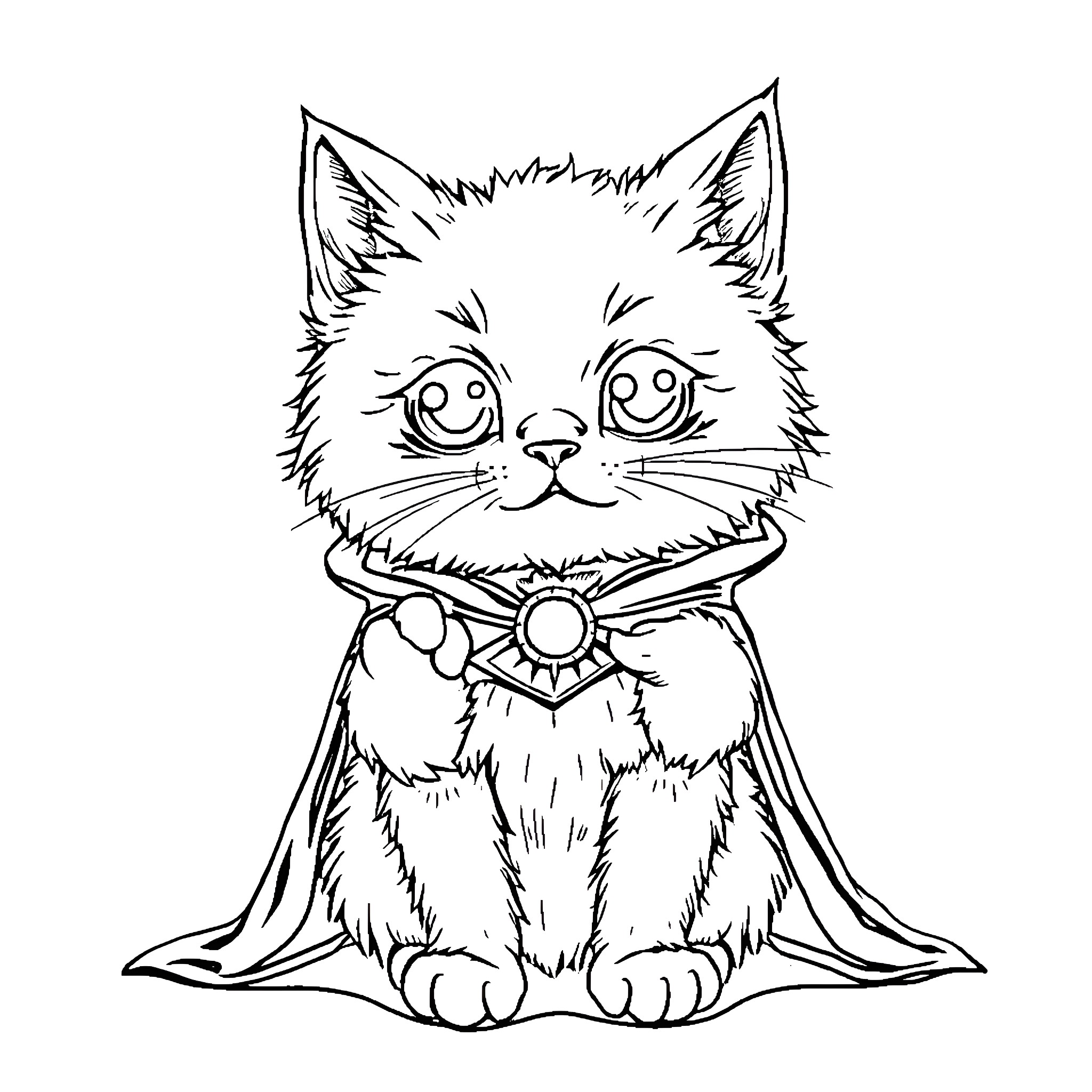 Cat wearing ceremonial robes Coloring Page (free black-and-white line drawing printable PDF for all, from beginners to advanced learners, including children, teens, adults, and seniors)
