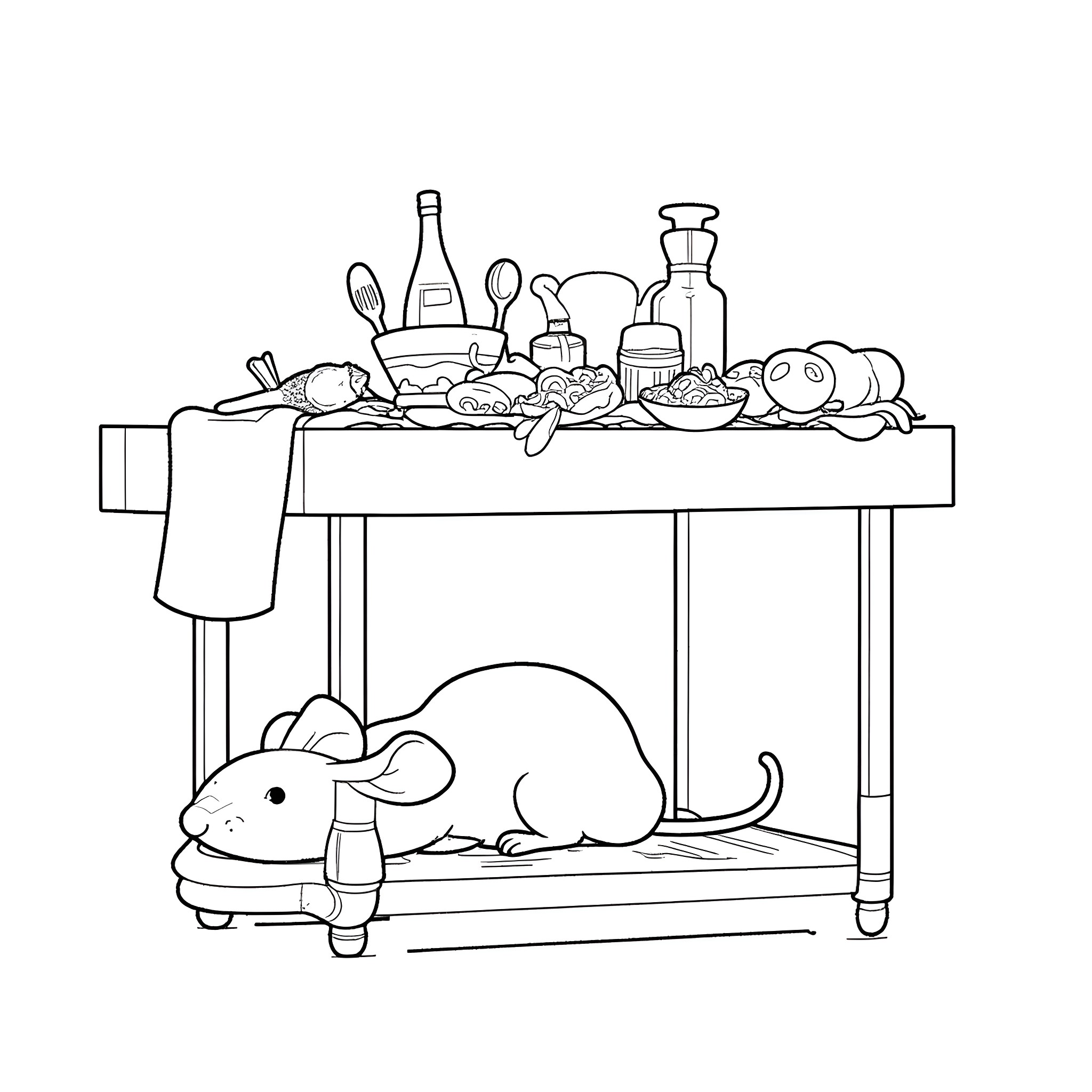 Mouse exploring a kitchen counter with cooking items Coloring Page (free black-and-white line drawing printable PDF for all, from beginners to advanced learners, including children, teens, adults, and seniors)