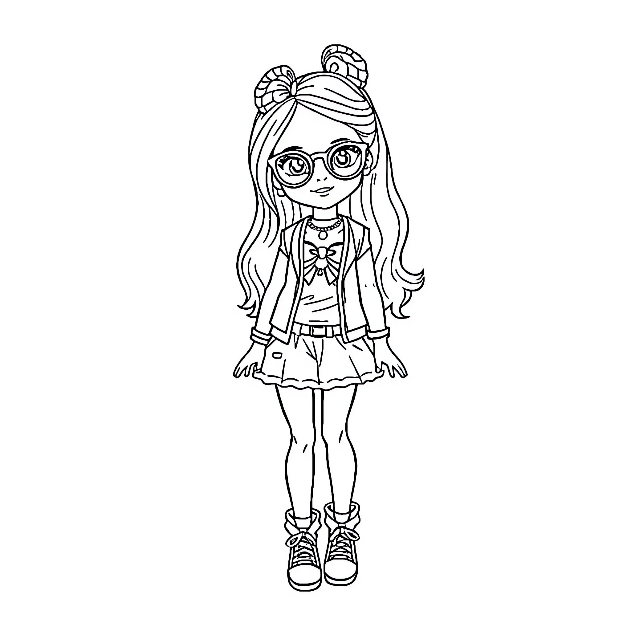 Doll wearing stylish outfit and glasses Coloring Page (free black-and-white line drawing printable PDF for all, from beginners to advanced learners, including children, teens, adults, and seniors)