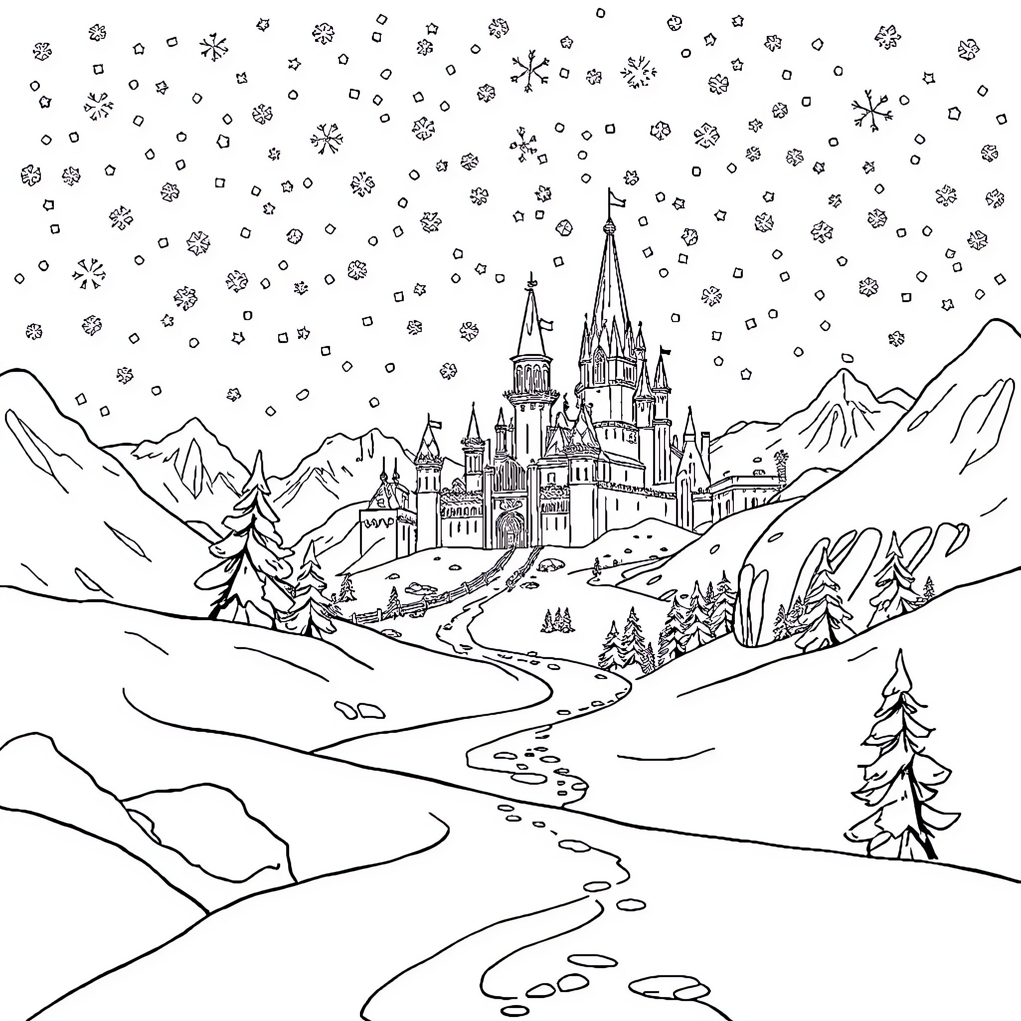 Queen's Winter Palace in Snowy Wonderland Coloring Page (free black-and-white line drawing printable PDF for all, from beginners to advanced learners, including children, teens, adults, and seniors)