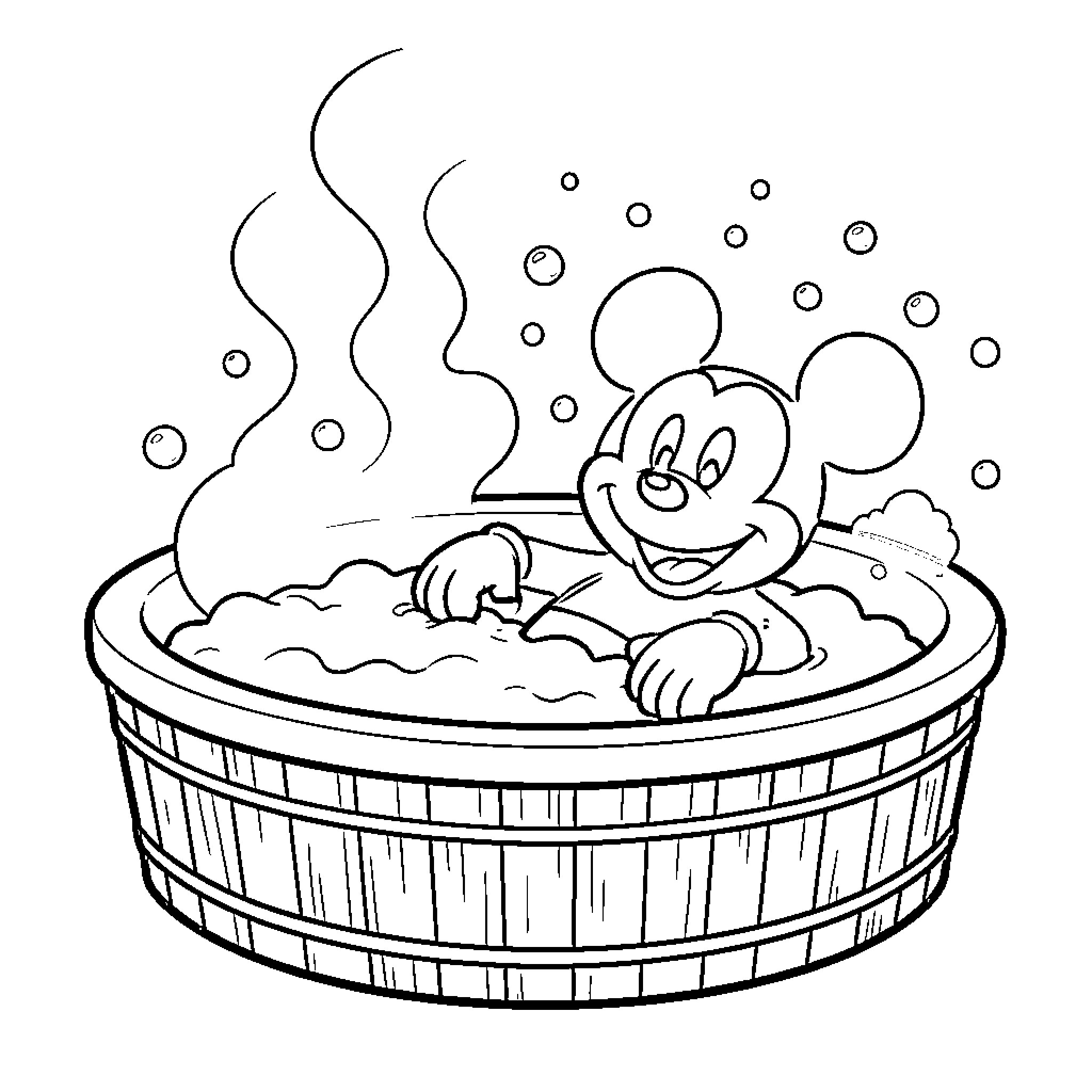 Mickey Mouse relaxing in a bubbly hot tub Coloring Page (free black-and-white line drawing printable PDF for all, from beginners to advanced learners, including children, teens, adults, and seniors)
