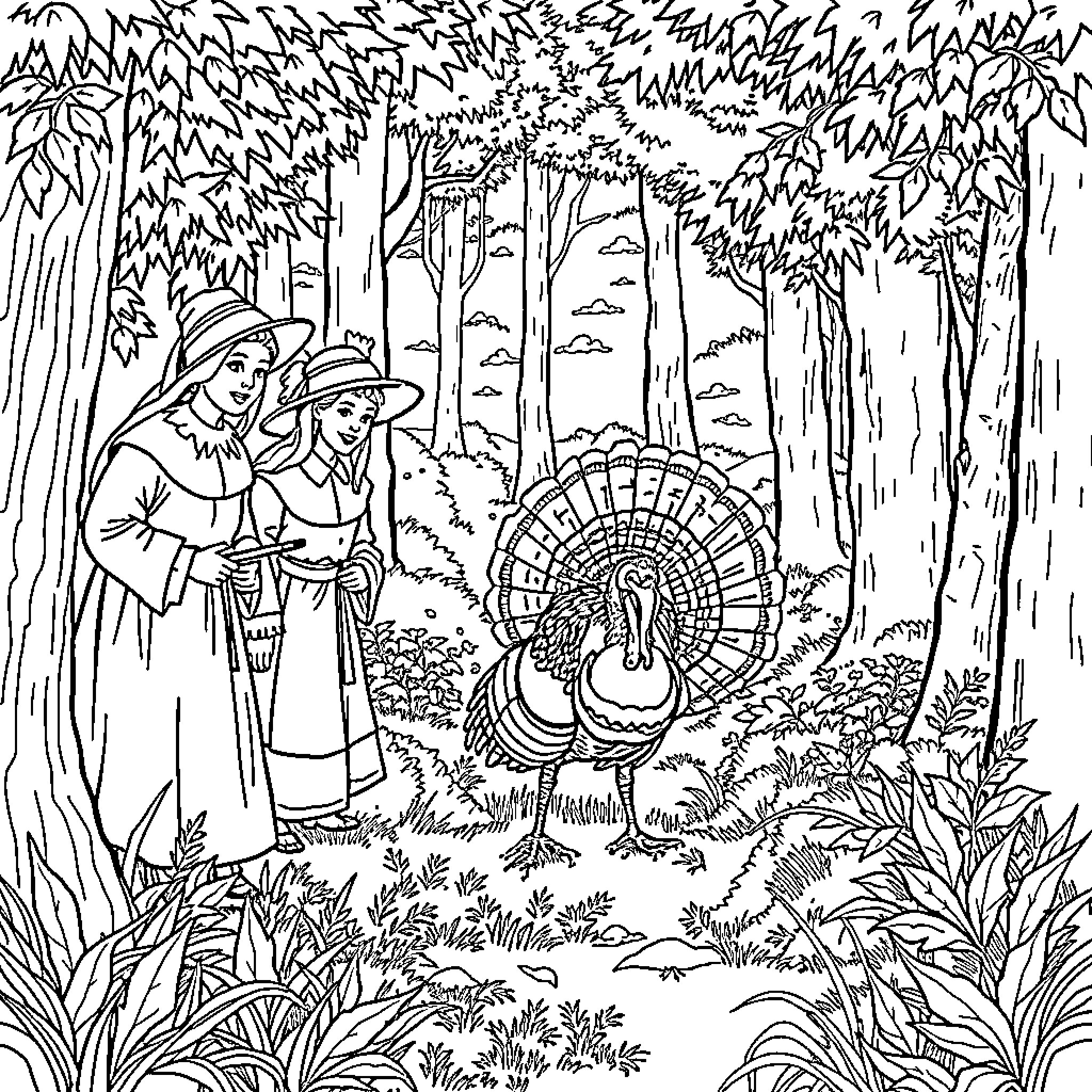 Pilgrim Couple Exploring Woodland with Turkey Coloring Page (free black-and-white line drawing printable PDF for all, from beginners to advanced learners, including children, teens, adults, and seniors)