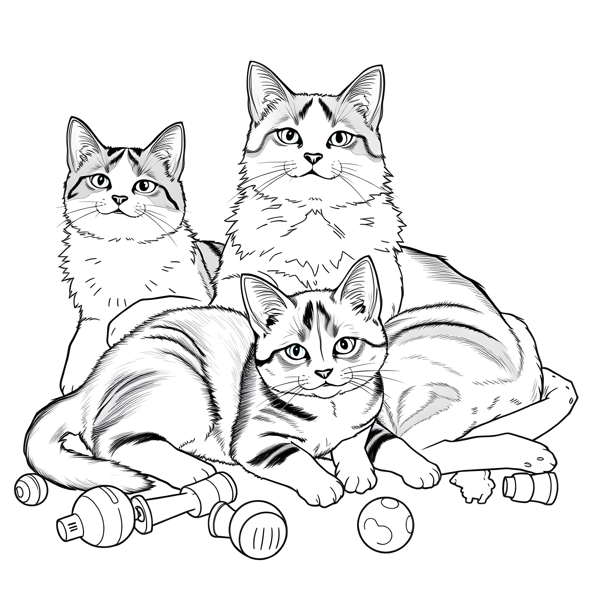 Calico Cats Playing with Toys Coloring Page (free black-and-white line drawing printable PDF for all, from beginners to advanced learners, including children, teens, adults, and seniors)