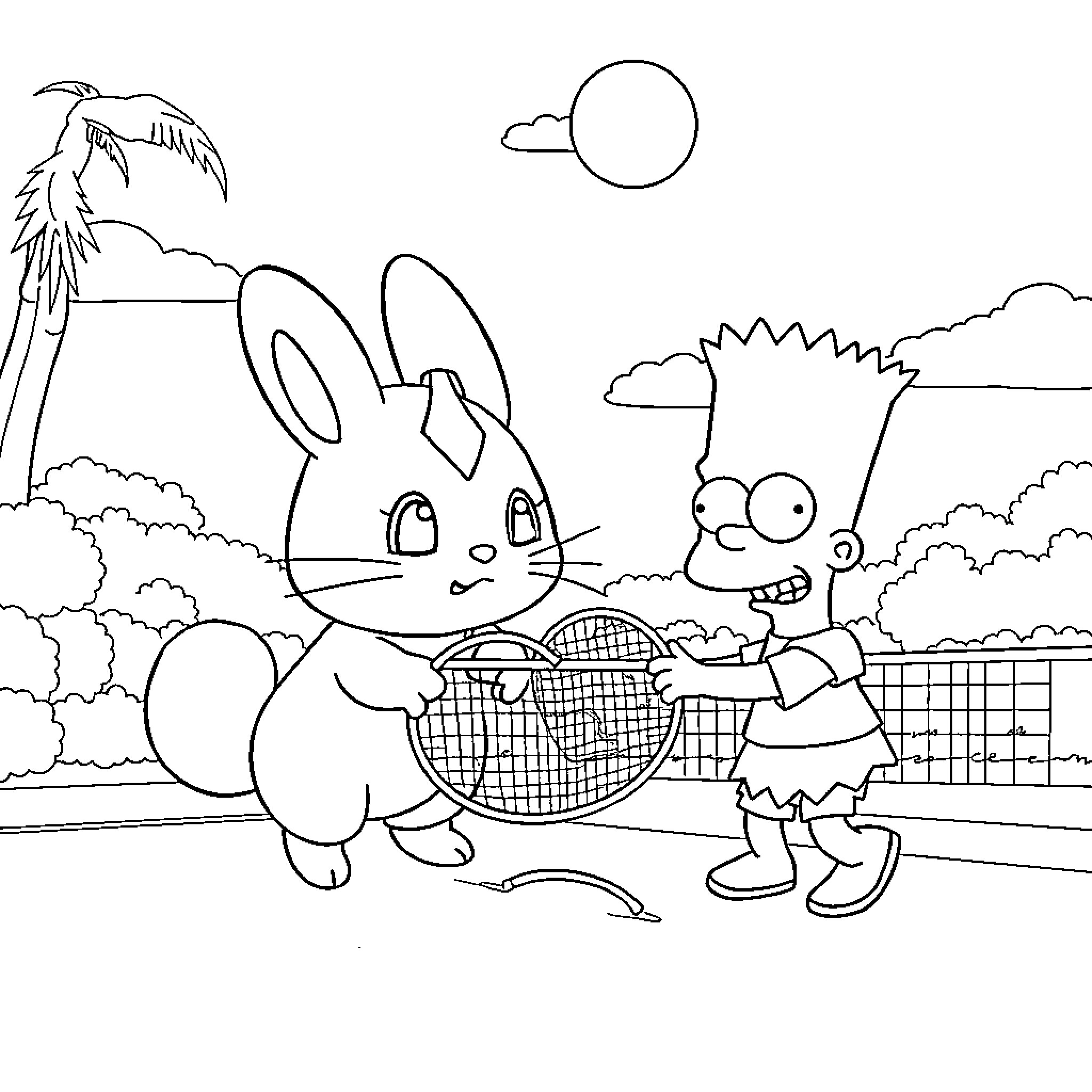 Cinnamoroll playing tennis with a friend Coloring Page (free black-and-white line drawing printable PDF for all, from beginners to advanced learners, including children, teens, adults, and seniors)