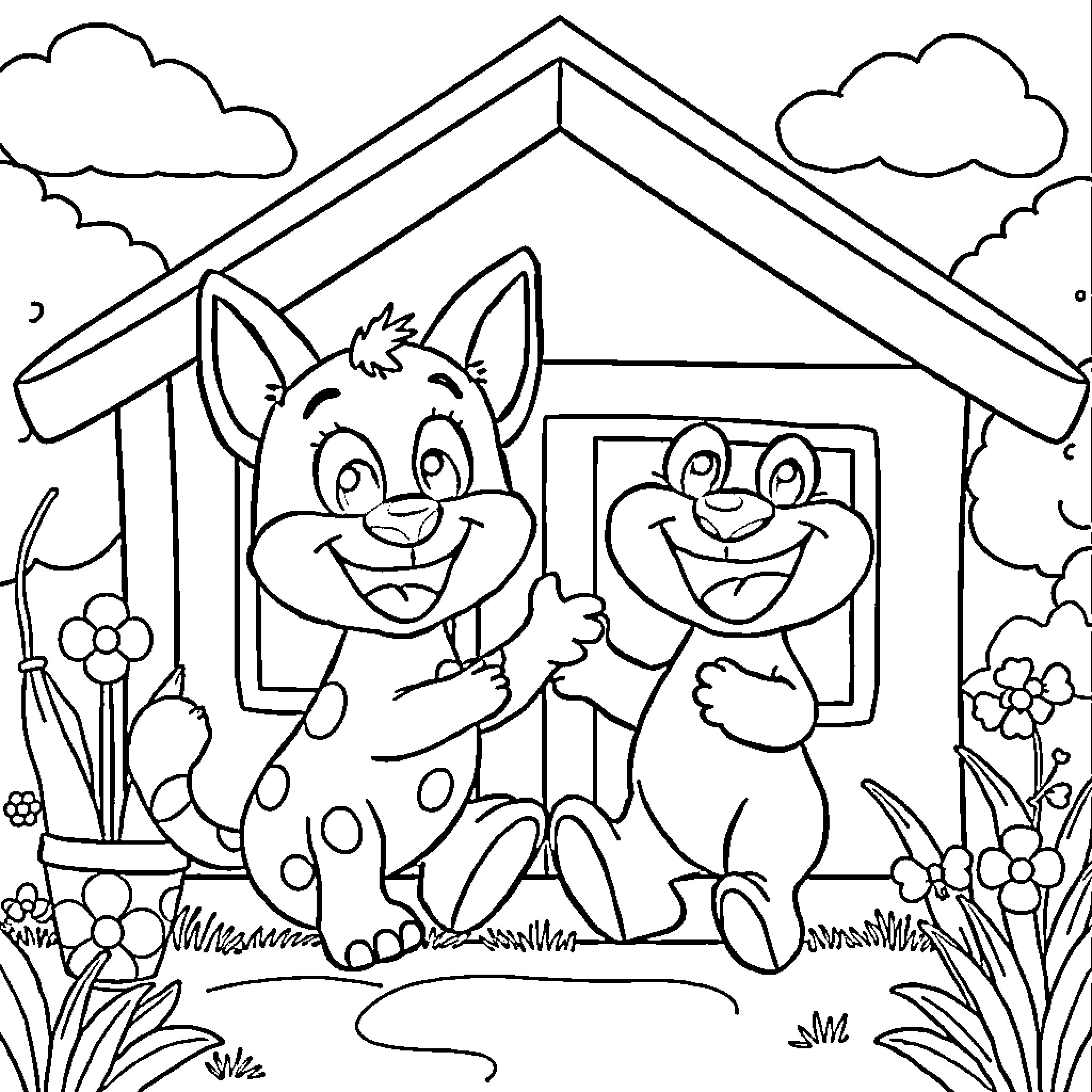 Bluey and Bingo playing outside their home Coloring Page (free black-and-white line drawing printable PDF for all, from beginners to advanced learners, including children, teens, adults, and seniors)