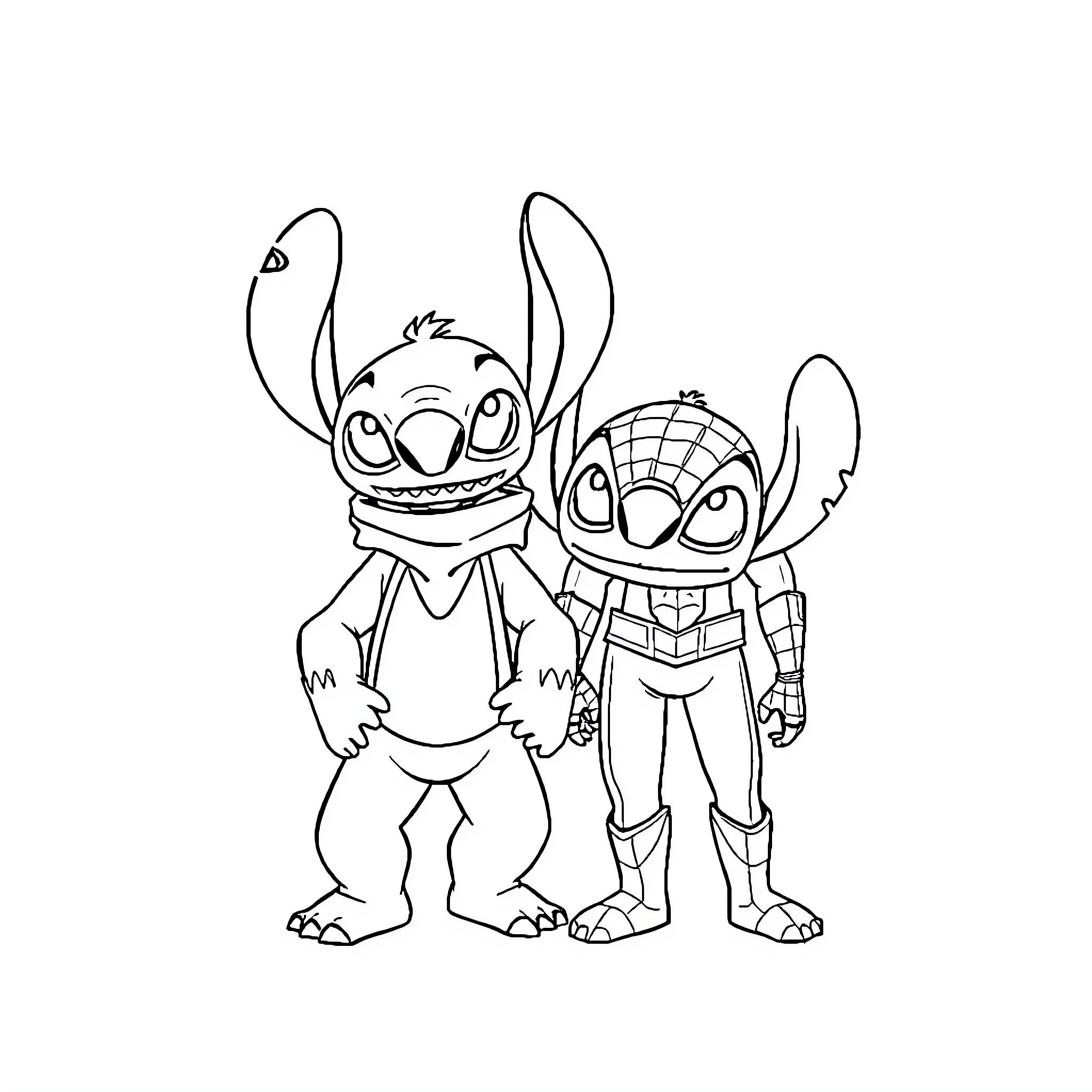 Stitch and Experiment Duo Posing Together Coloring Page (free black-and-white line drawing printable PDF for all, from beginners to advanced learners, including children, teens, adults, and seniors)