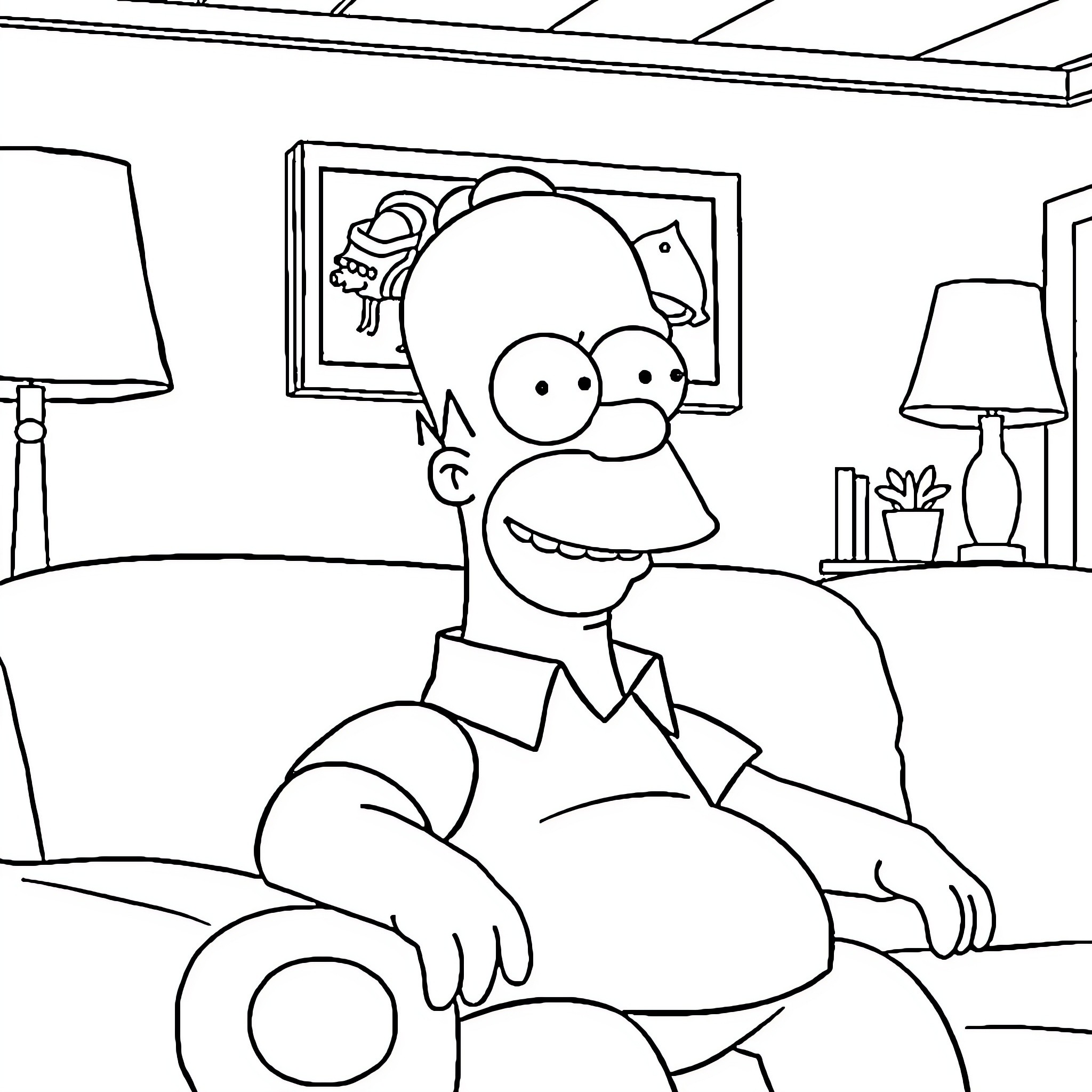 Homer Simpson lounging comfortably at home Coloring Page (free black-and-white line drawing printable PDF for all, from beginners to advanced learners, including children, teens, adults, and seniors)