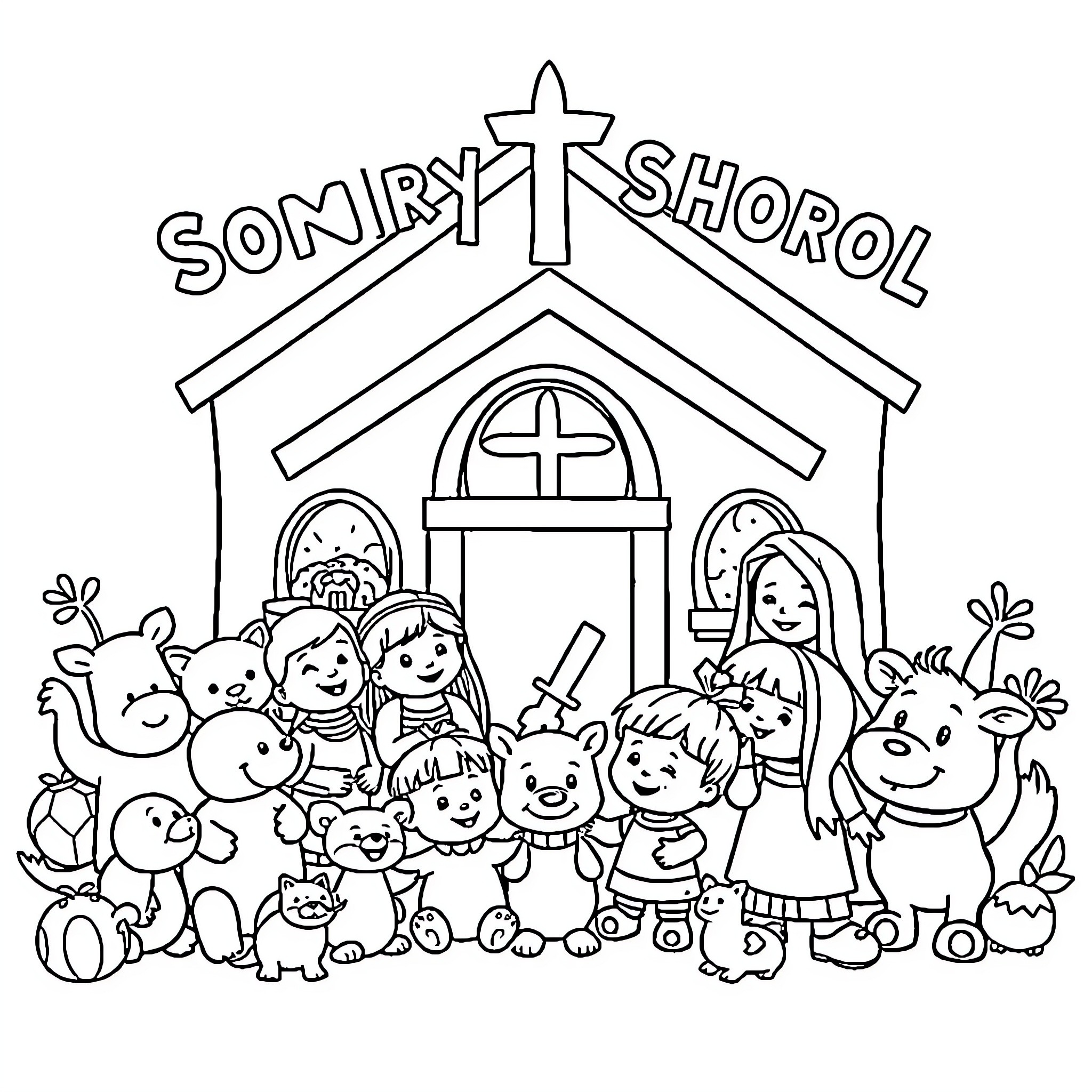 Sunday School with Joyful Children and Friendly Animals Coloring Page (free black-and-white line drawing printable PDF for all, from beginners to advanced learners, including children, teens, adults, and seniors)