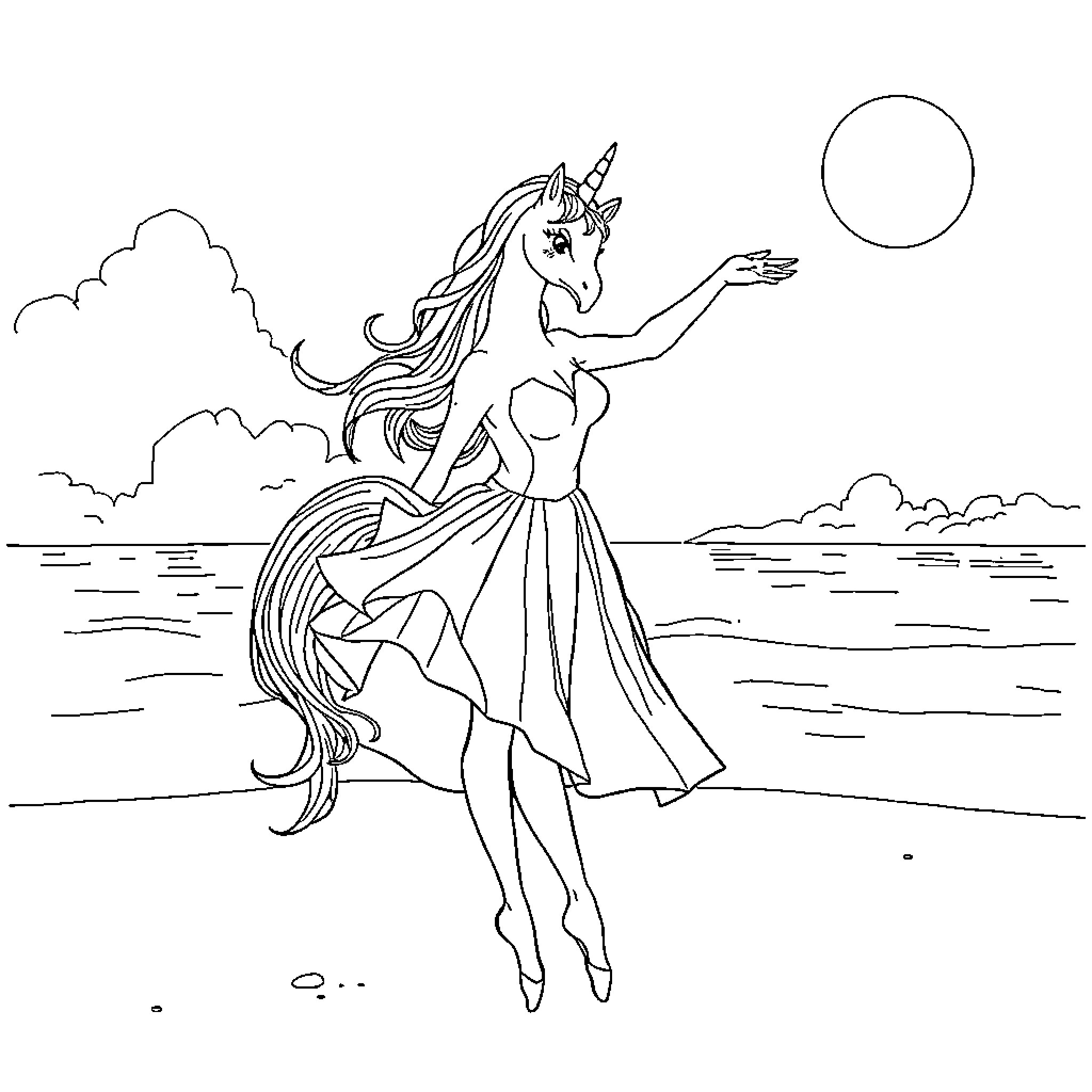 Loro unicorn dancer under the moonlight Coloring Page (free black-and-white line drawing printable PDF for all, from beginners to advanced learners, including children, teens, adults, and seniors)