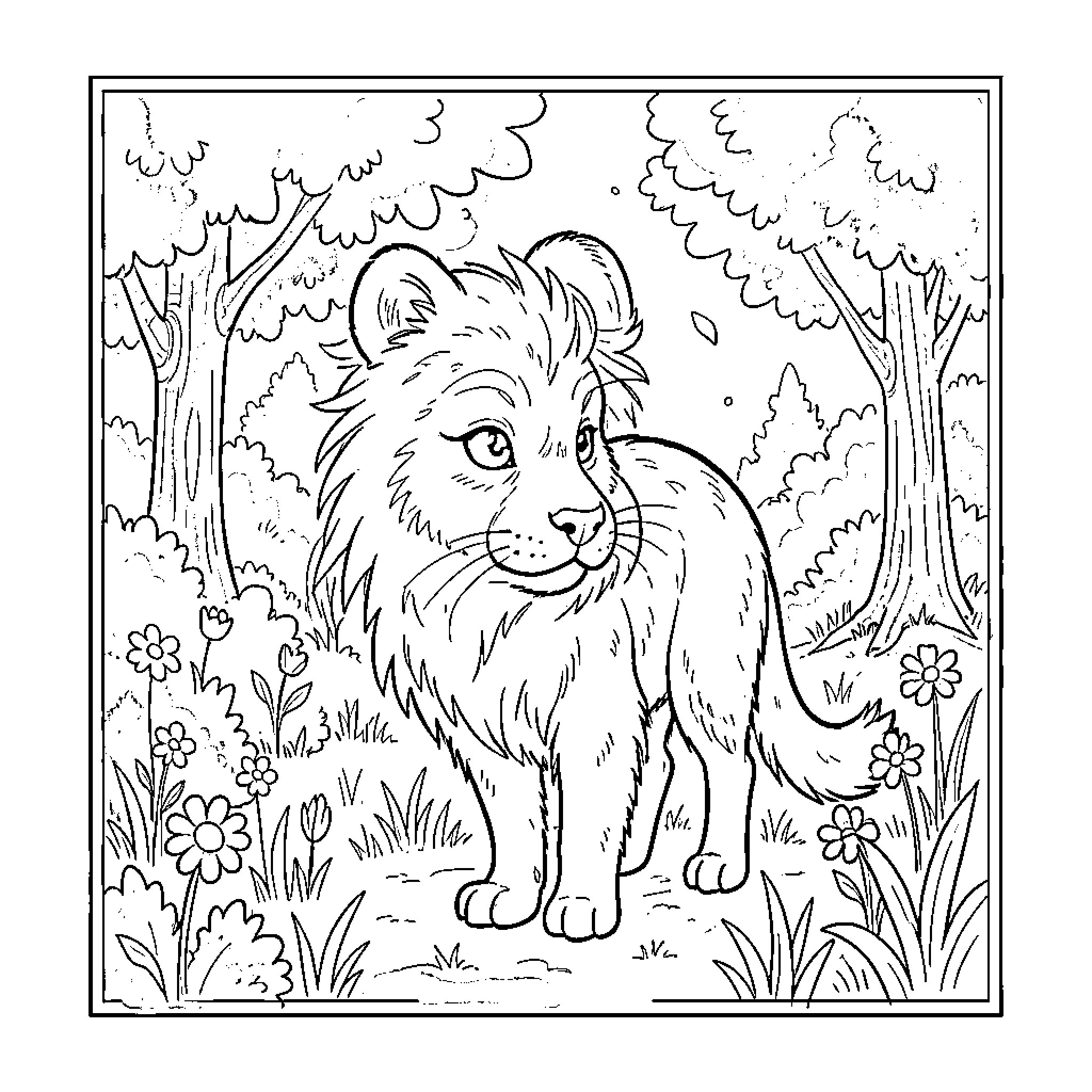 Aquarelle of a young lion standing in a forest Coloring Page (free black-and-white line drawing printable PDF for all, from beginners to advanced learners, including children, teens, adults, and seniors)
