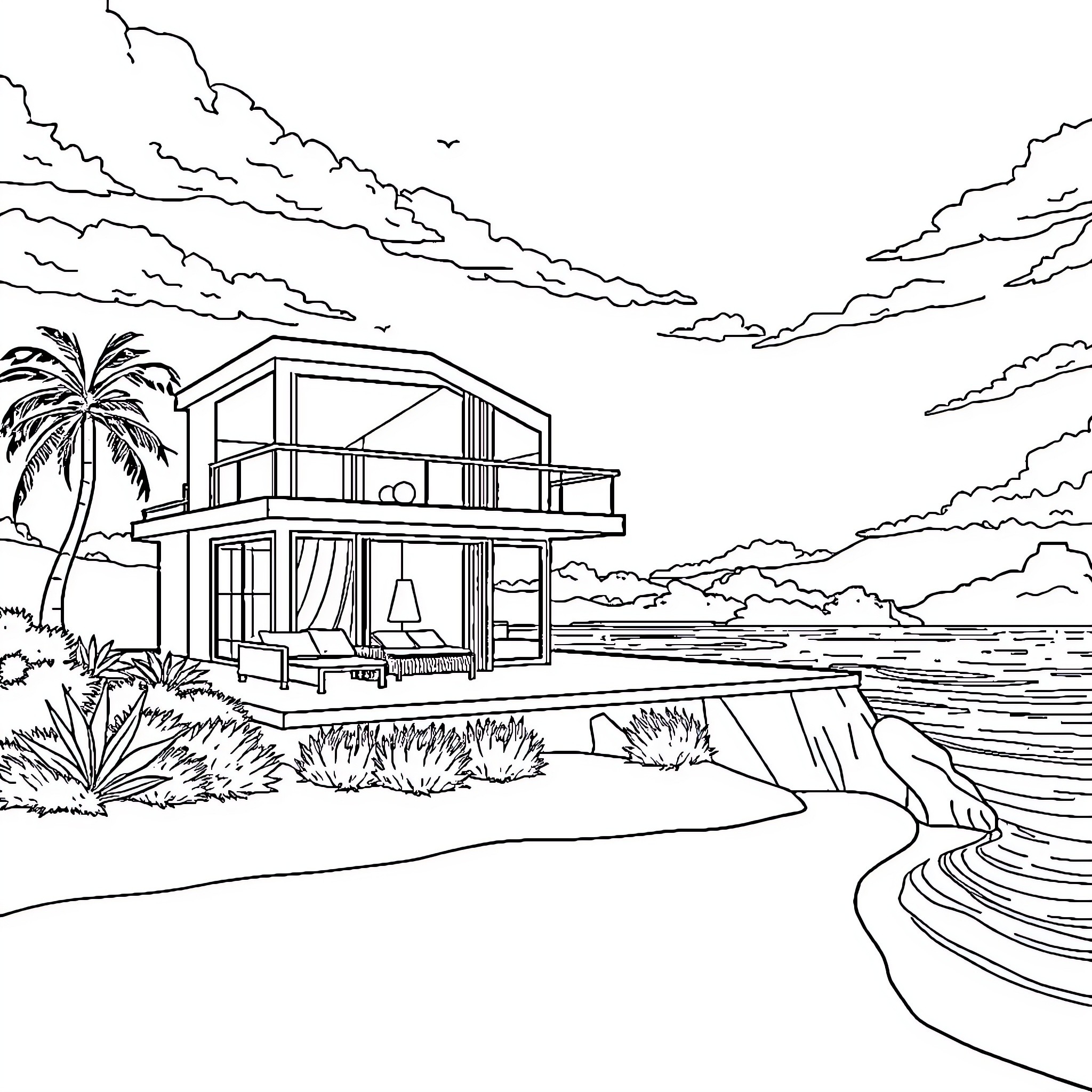 House by the Serene Beach Scene Coloring Page (free black-and-white line drawing printable PDF for all, from beginners to advanced learners, including children, teens, adults, and seniors)