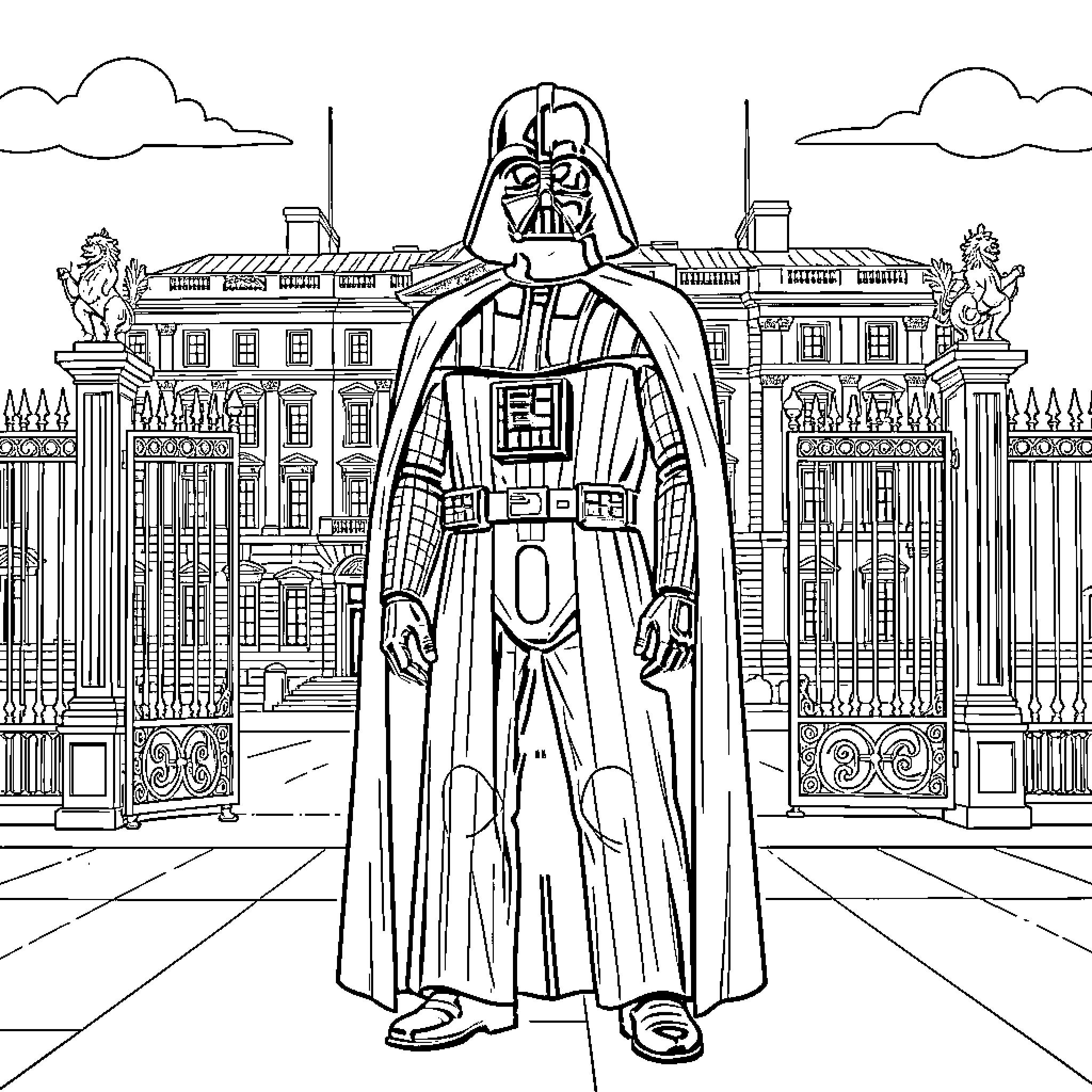 Darth Vader standing tall in front of a palace Coloring Page (free black-and-white line drawing printable PDF for all, from beginners to advanced learners, including children, teens, adults, and seniors)