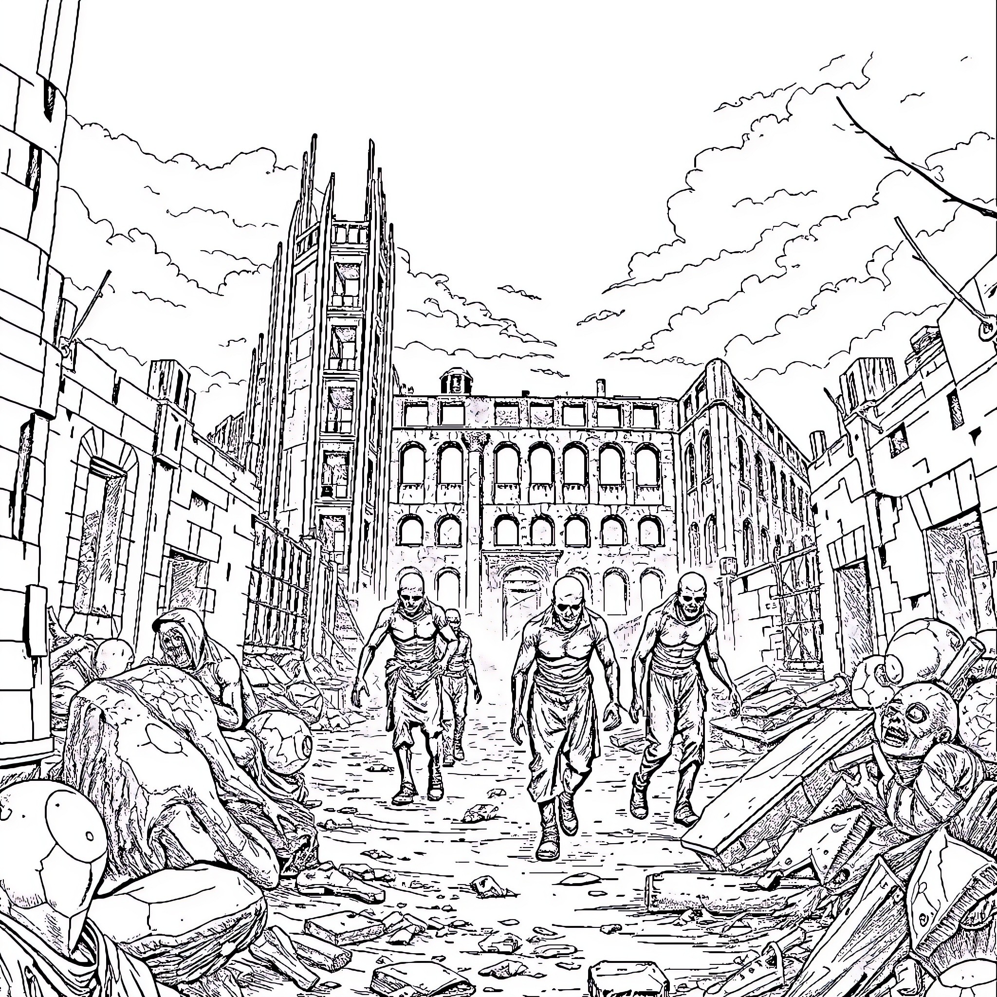 Zombie Warriors Marching Through Devastated City Coloring Page (free black-and-white line drawing printable PDF for all, from beginners to advanced learners, including children, teens, adults, and seniors)